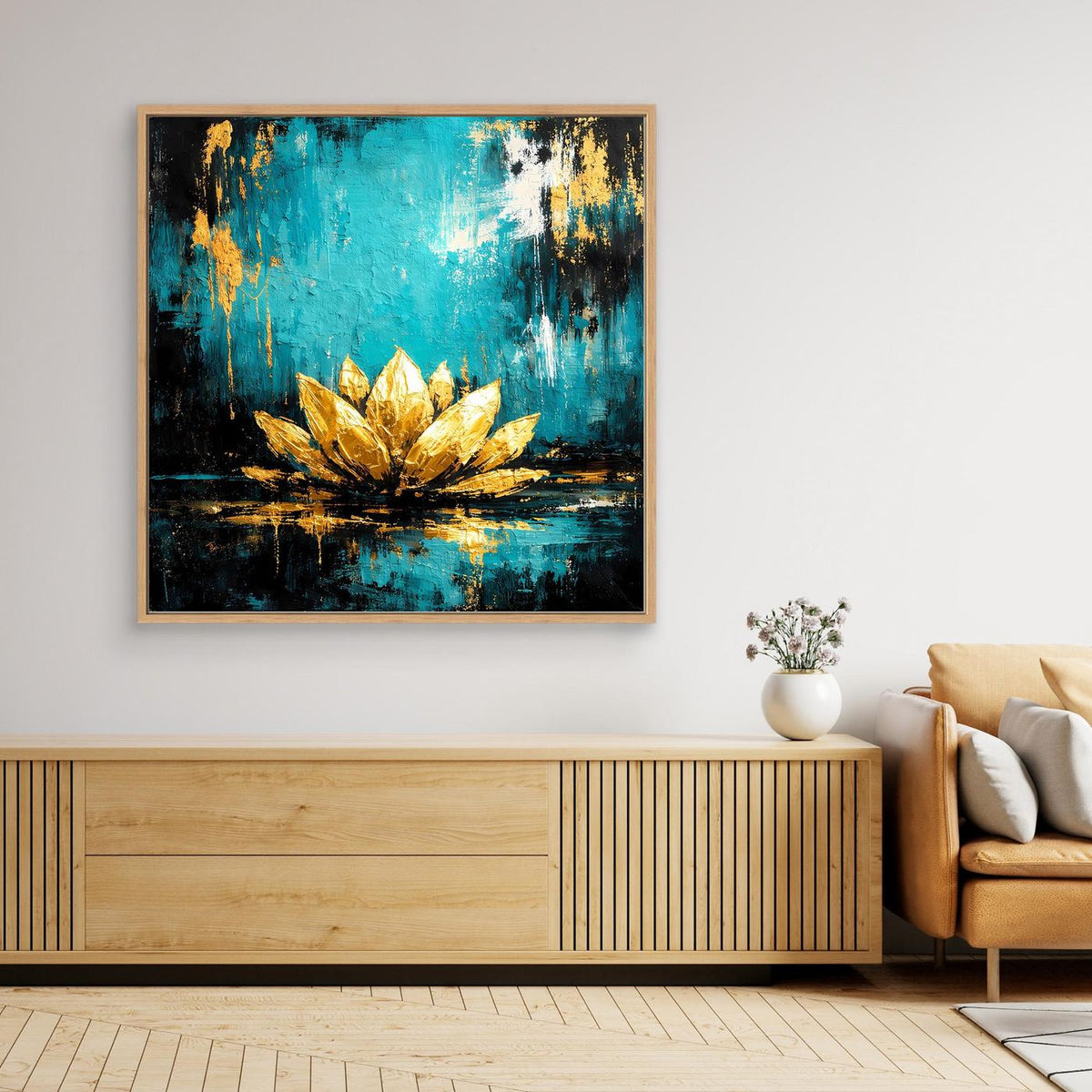 Wandbild mit abstrakter Lotusblüte in Türkis und Gold, Eichenrahmen