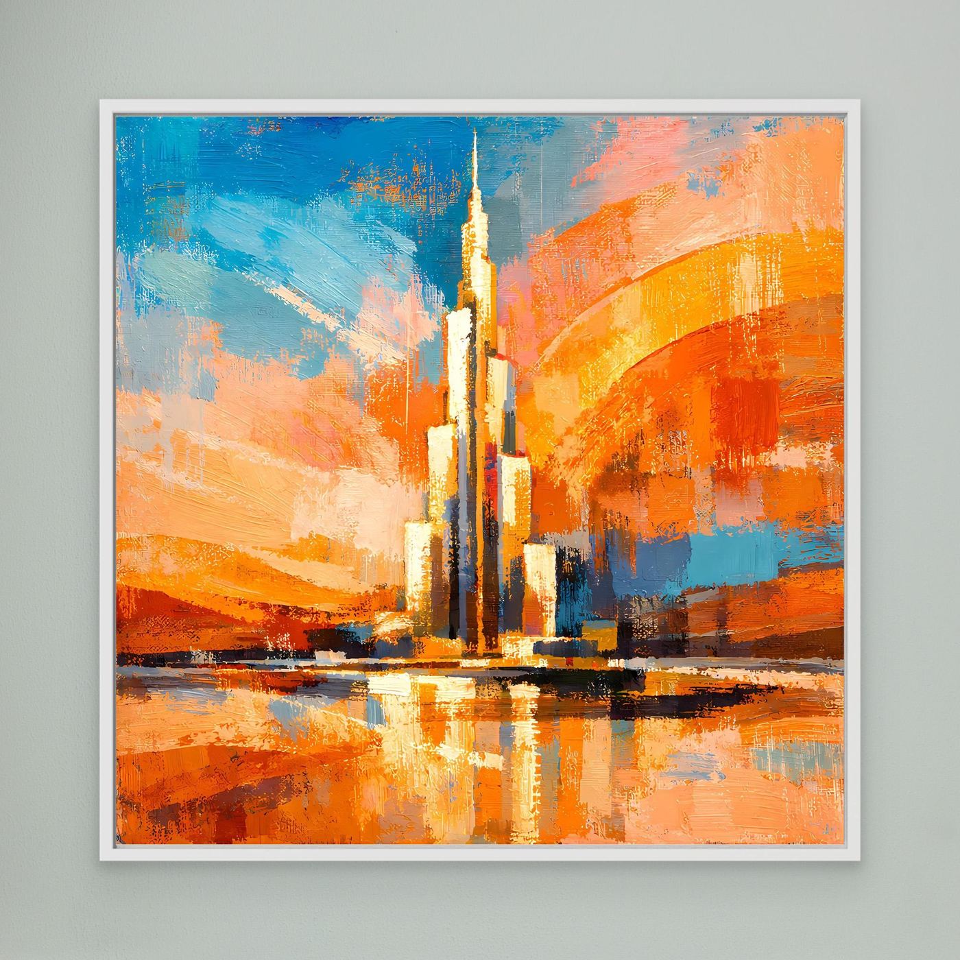 Leinwandbild mit abstraktem Burj-Khalifa-Motiv und Spiegelung, weißer Rahmen