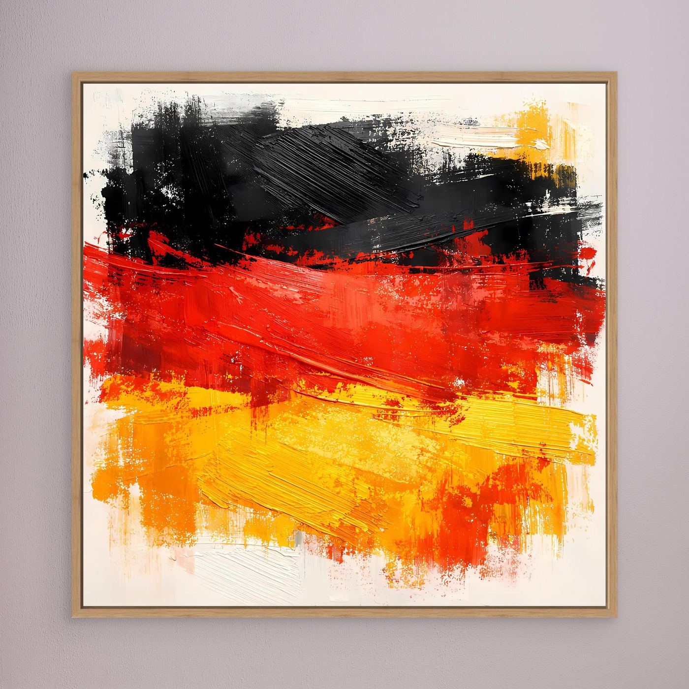 Abstract canvas wall art with black, red, and yellow brushstrokes in a natural wood frame