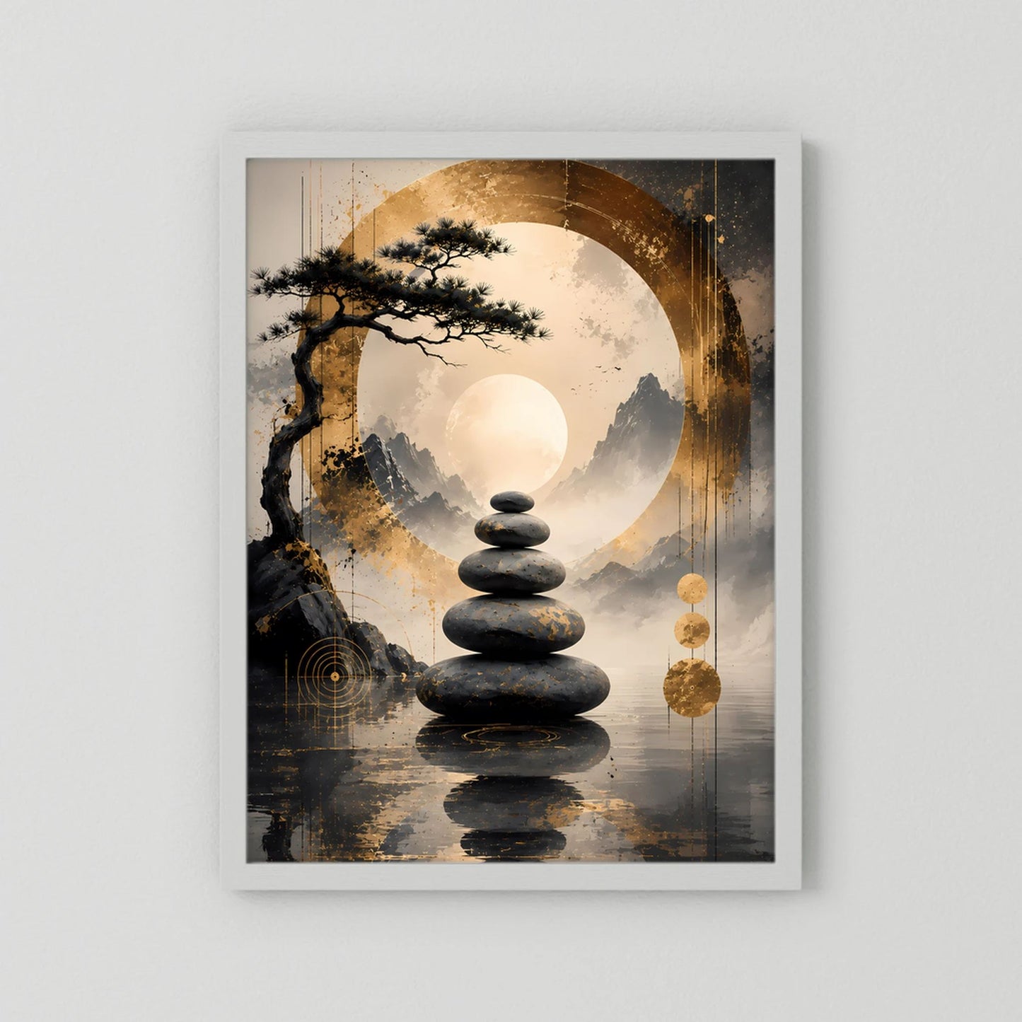 Poster im Hochformat mit Bonsai und Steinstapel, goldener Kreis, weißer Rahmen