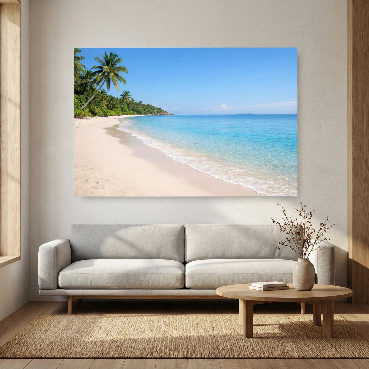Wandbild mit tropischer Küste, hellem Sandstrand und Palmen im Querformat