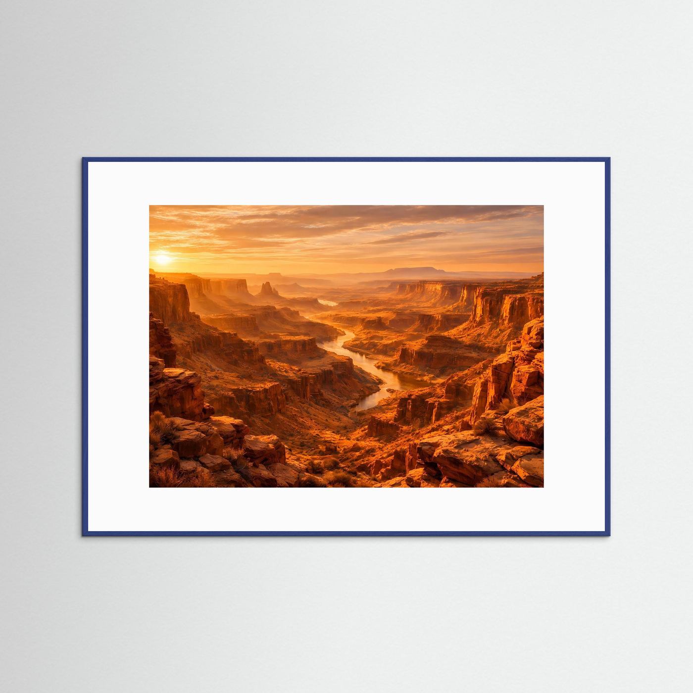Naturposter Querformat: Canyonlandschaft bei Sonnenuntergang, blauer Rahmen