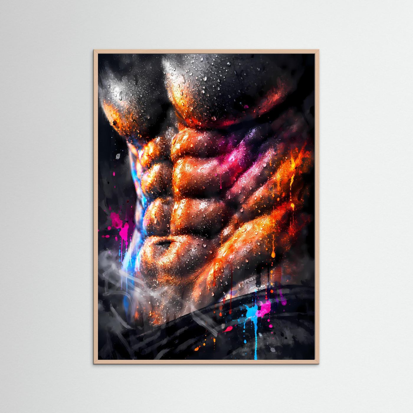 Die Kunst der Definition | Neon Muskel Poster mit durchtrainiertem Sixpack & Regenbogen-Farben | Abstraktes Bodybuilding Kunstposter Hochformat
