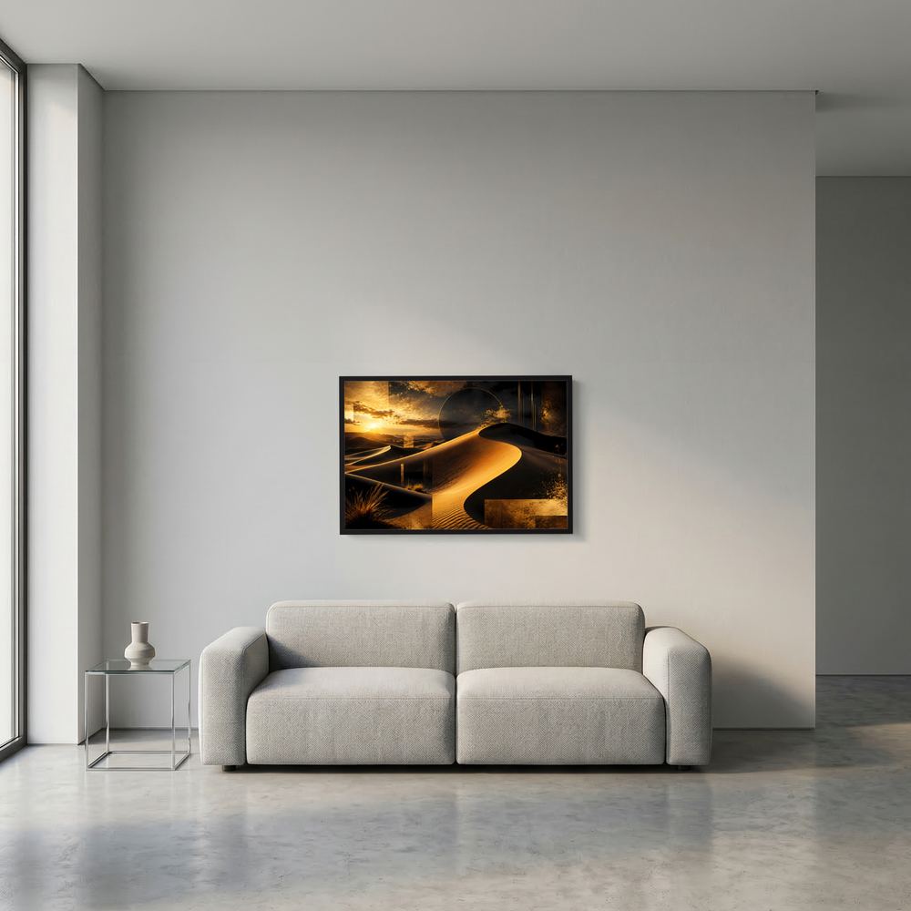 Wandposter mit gold-schwarzer Wüstenlandschaft im dunklen Rahmen, klein