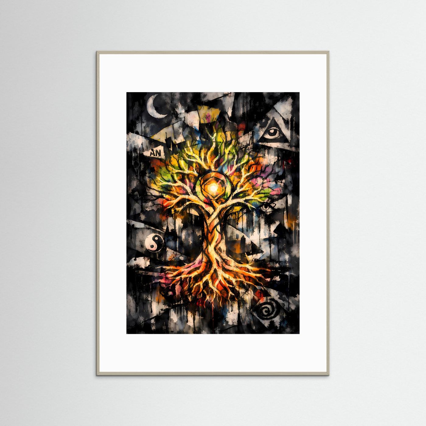 Die Harmonie des Kosmos | Mystisches Lebensbaum Poster mit spirituellen Symbolen | Abstraktes Kunstposter Hochformat