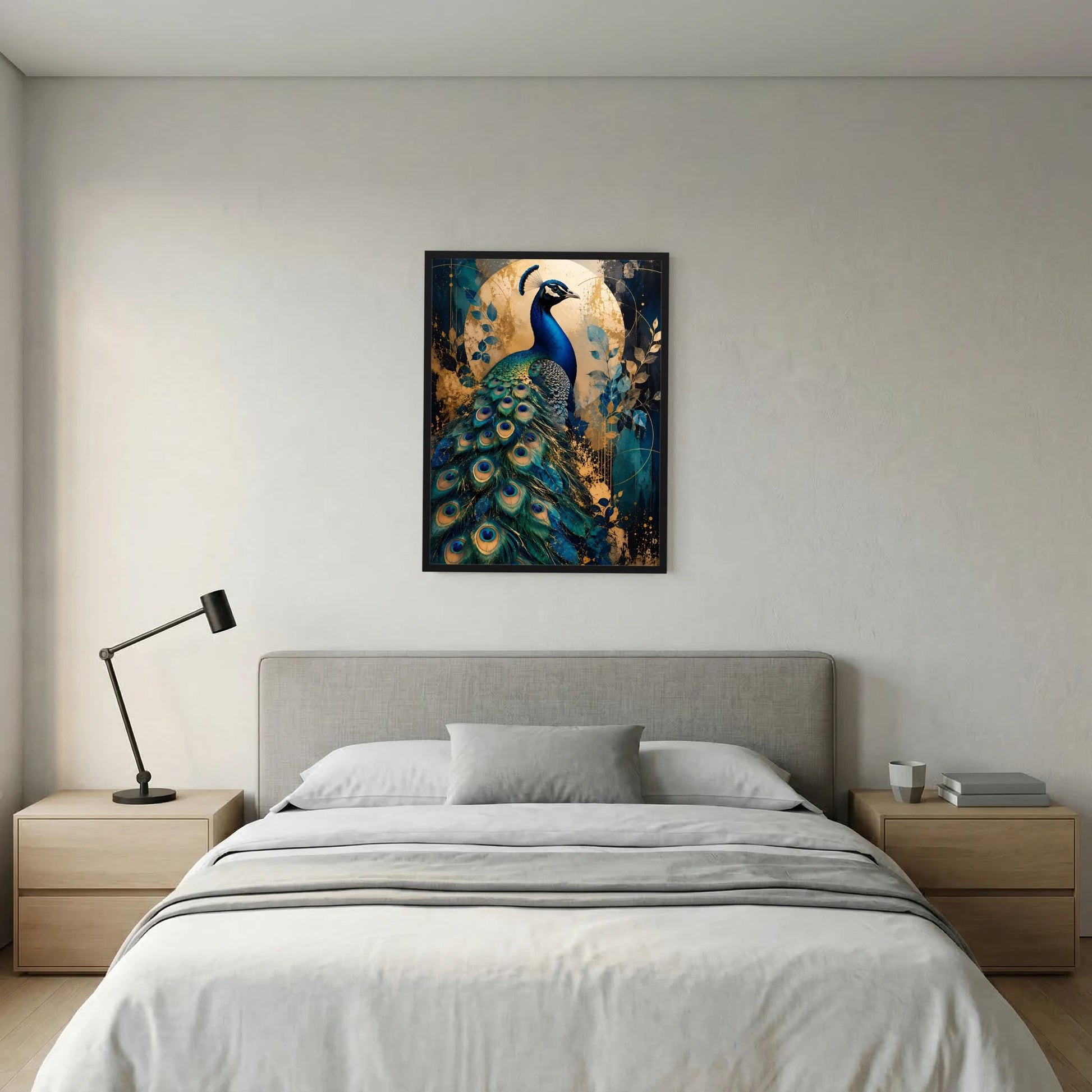 Pfau-Poster in Blau und Gold mit schwarzem Rahmen