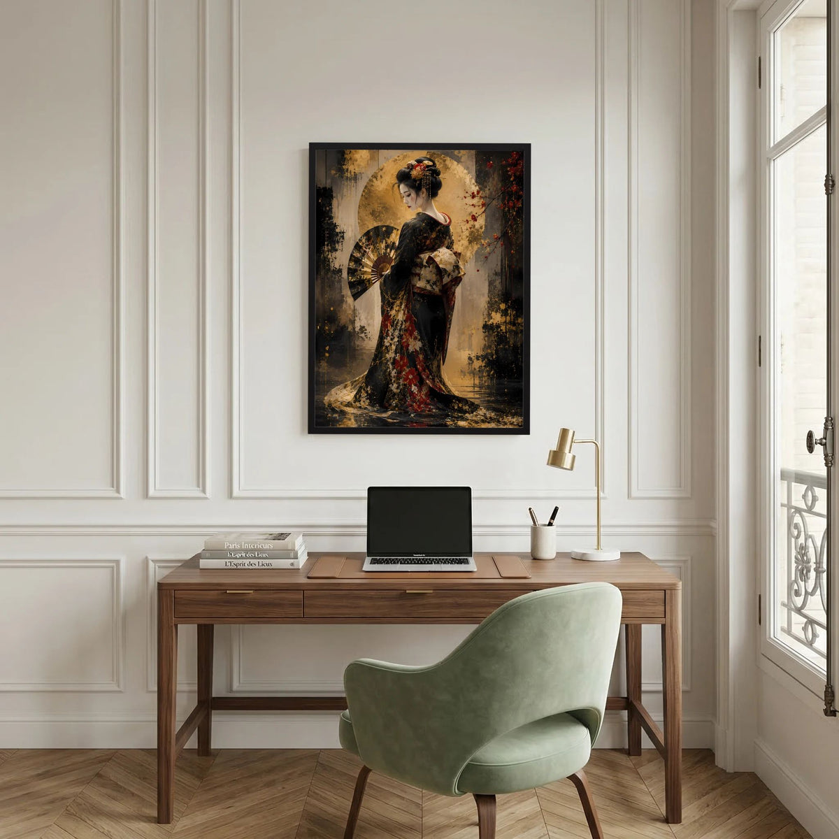 Hochformat-Poster mit Geisha im Kimono, schwarz und gold, zierliches Fächermotiv