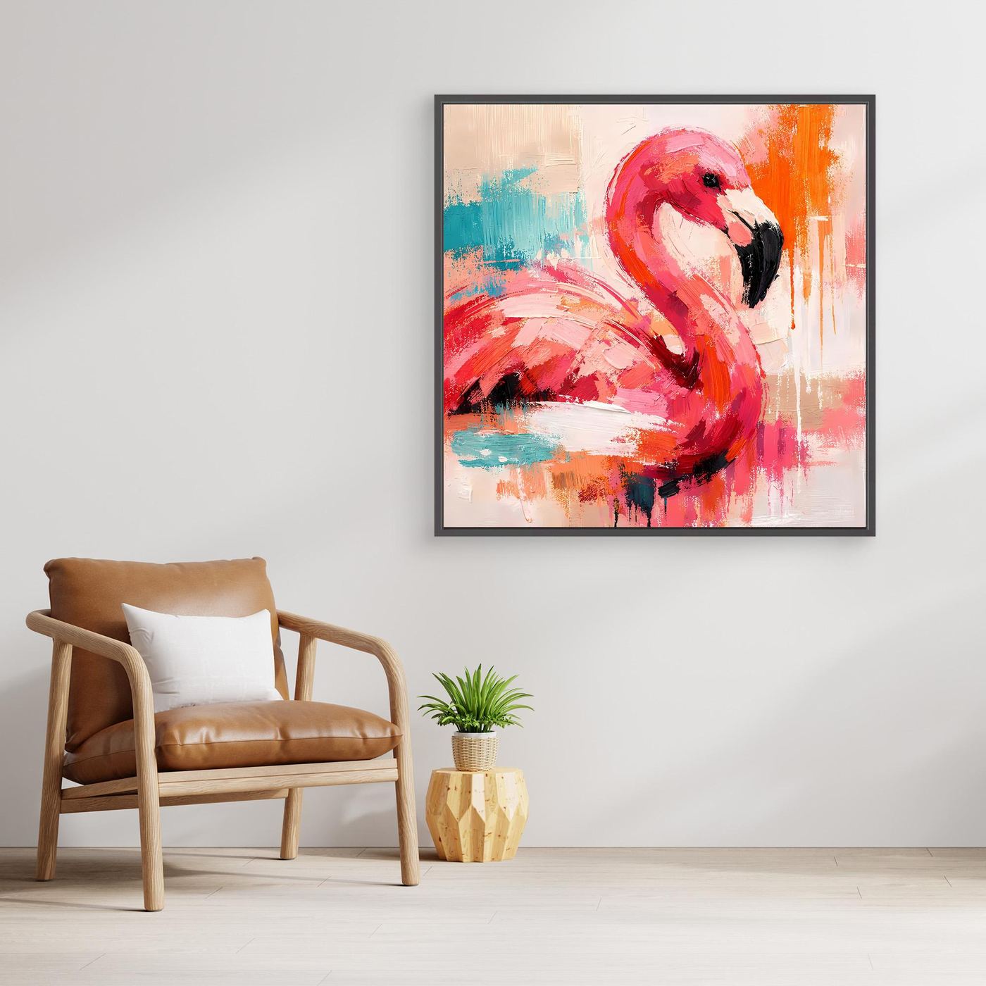 Wandbild mit abstraktem Flamingo in Pink und Orange, schwarzer Bilderrahmen.