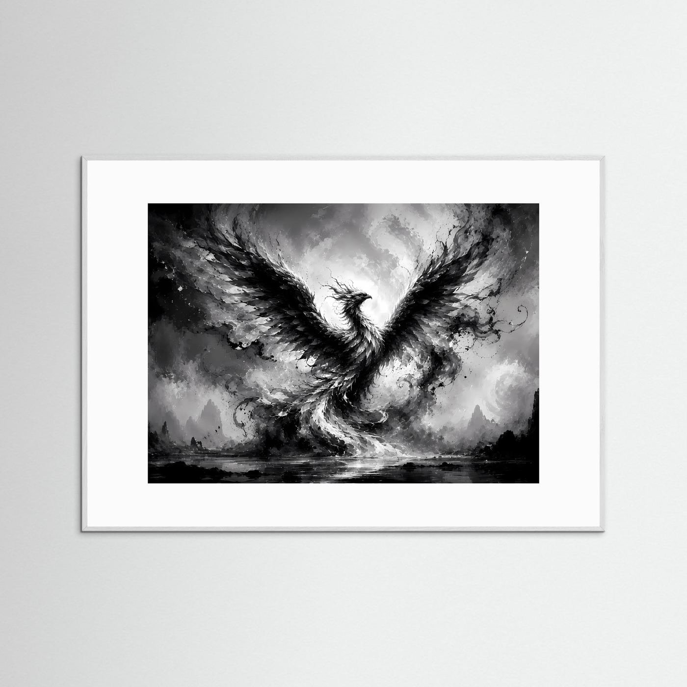 Phönix aus Licht und Schatten | Mystische Schwarz-Weiß Wandkunst – Abstrakter Feuervogel