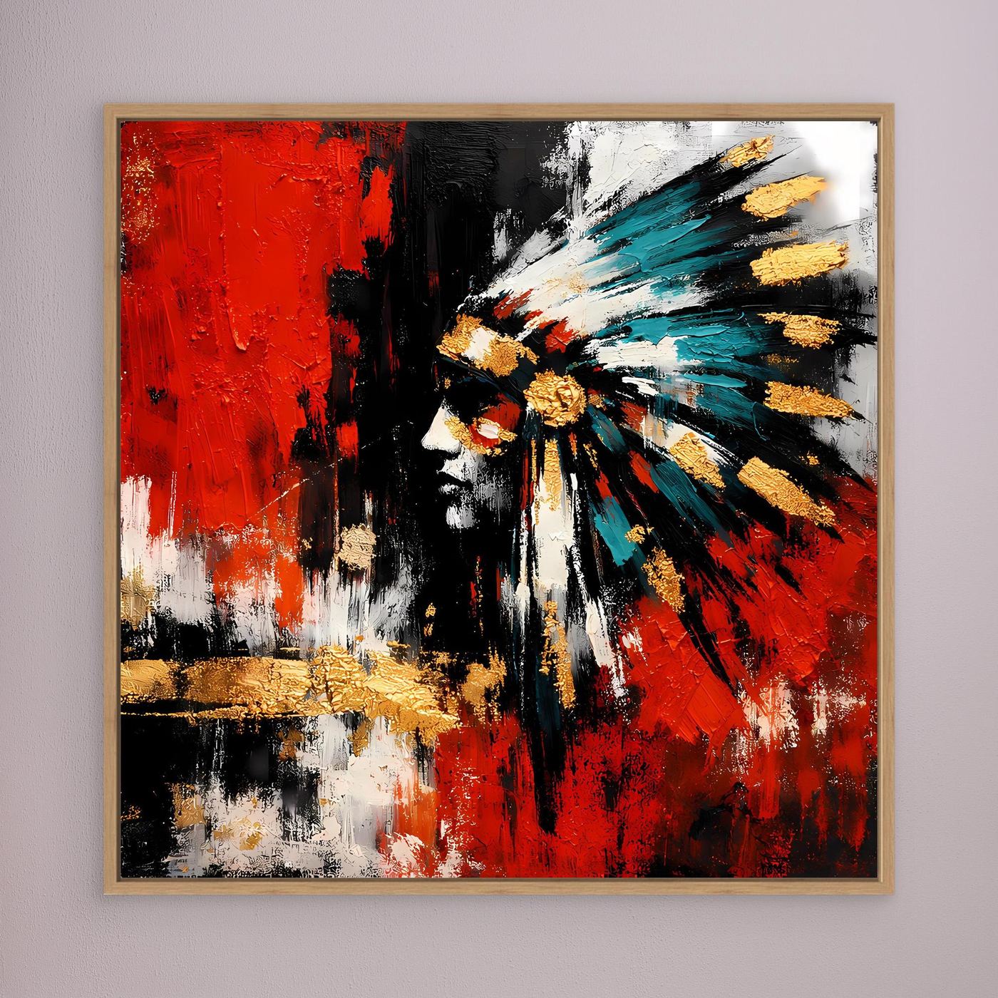 Gerahmtes Leinwand-Wandbild mit abstraktem Porträt in Rot, Schwarz und Türkis, Holzrahmen