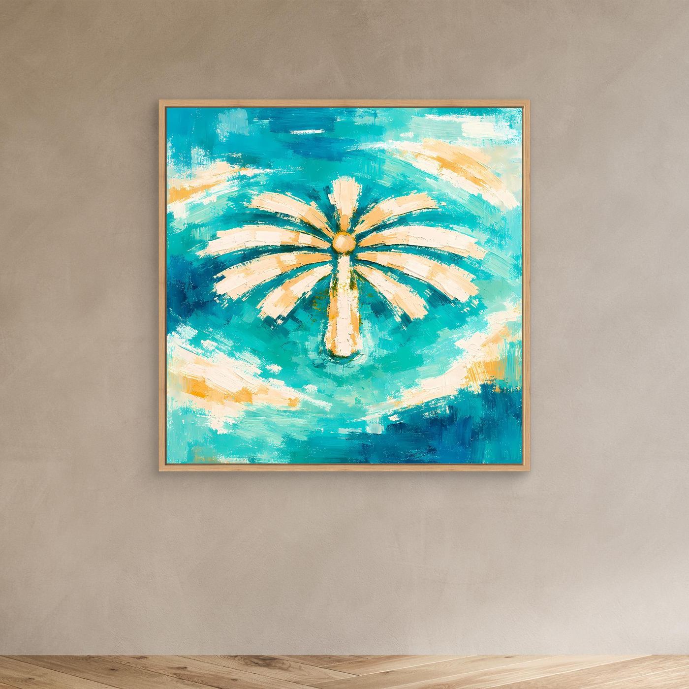 Leinwand Abstrakte Palme im Meer | Modernes Dubai Palmeninsel Wandbild Türkis