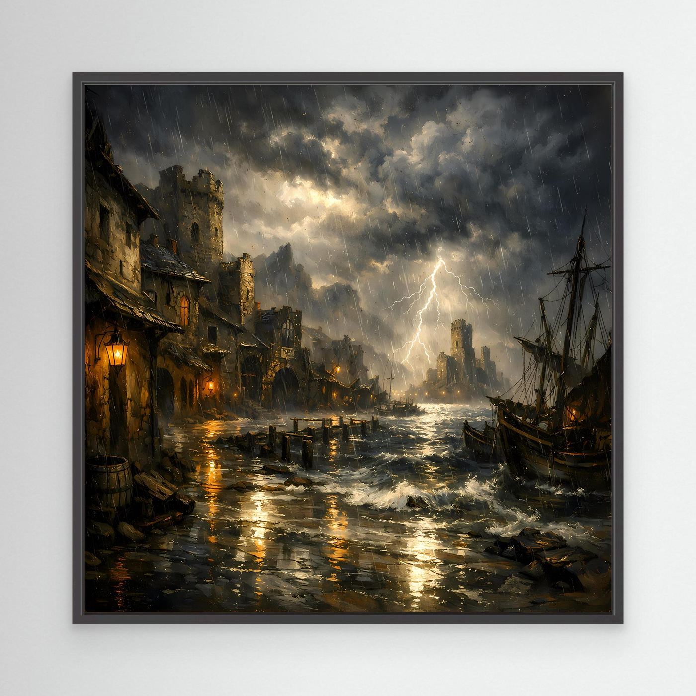 Hafen-Leinwandbild mit Gewitter und Blitz, Boote im Wellengang, grauer Himmel, schwarzer Rahmen