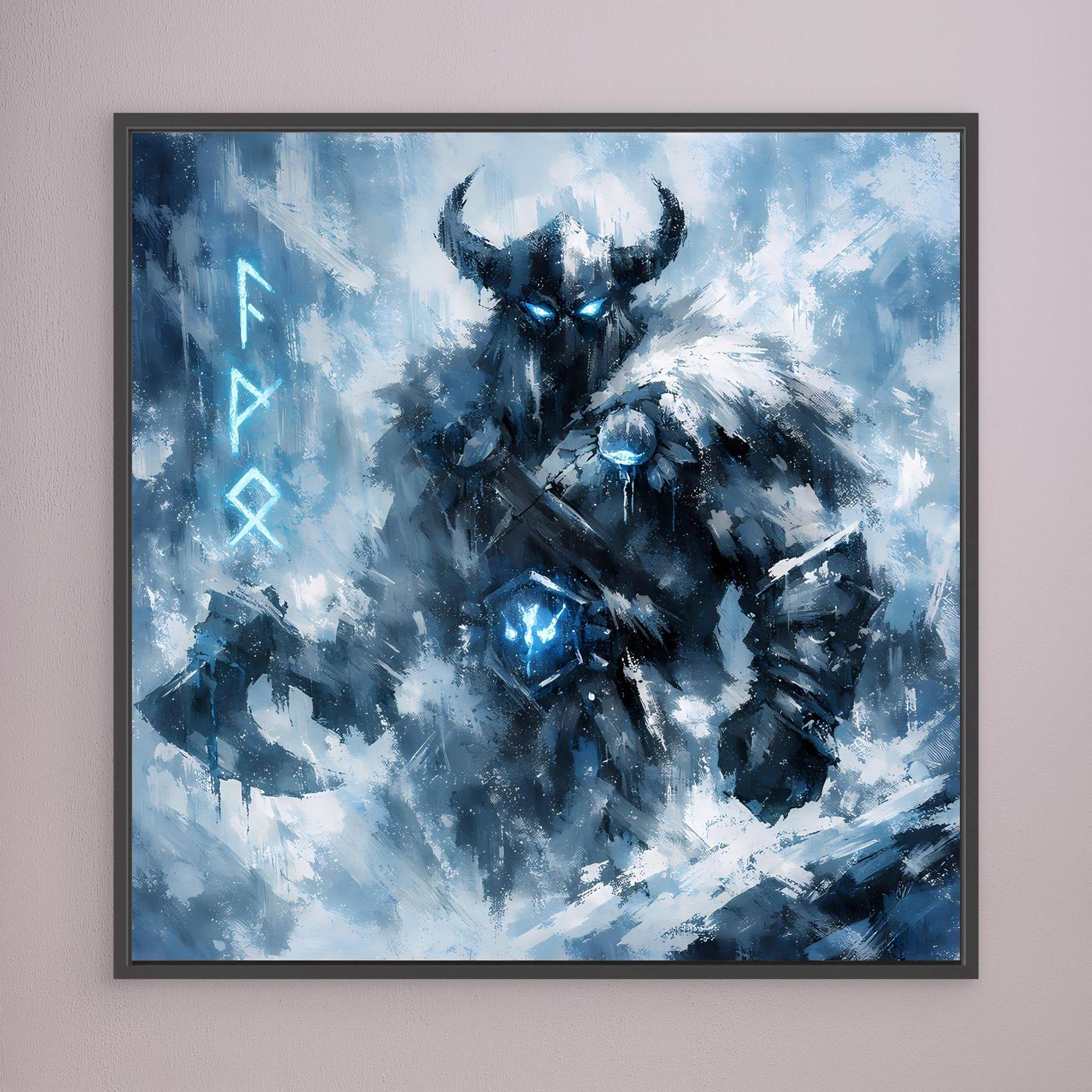Wandbild mit blau-schwarzem Eis-Krieger-Motiv, schwarzer Rahmen.