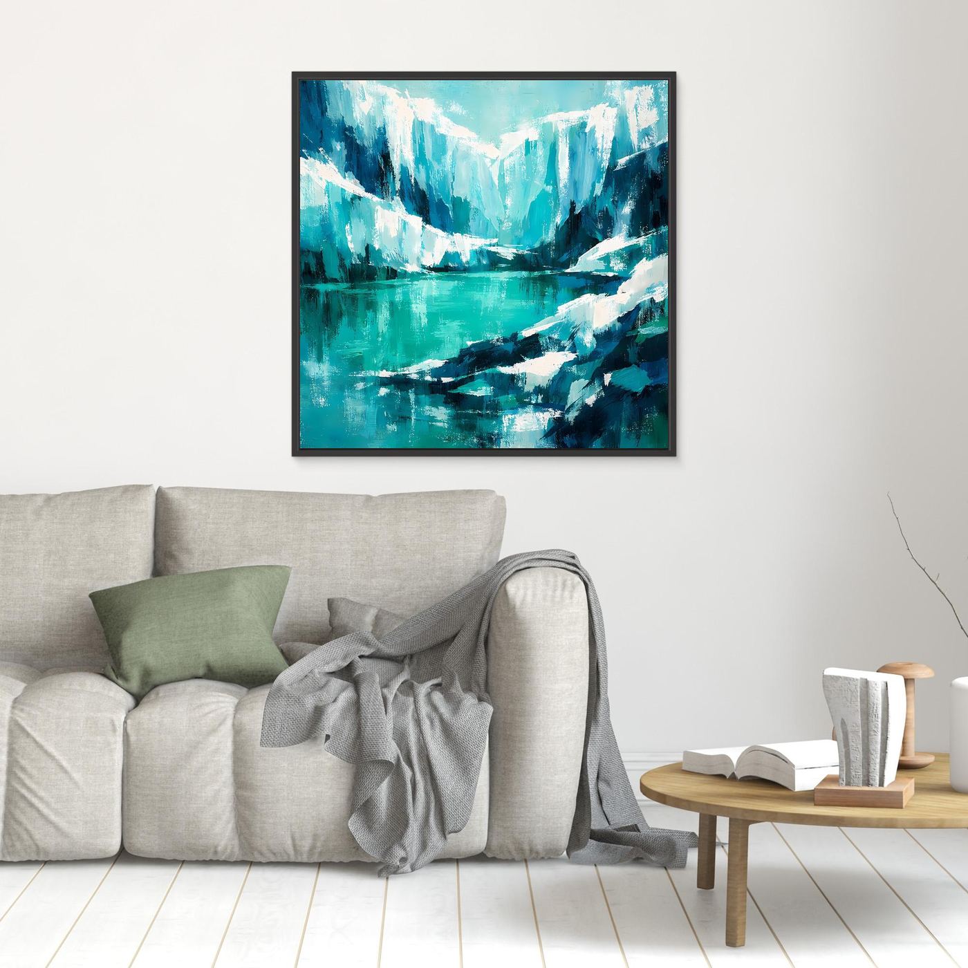 Quadratisches Leinwand-Wandbild mit abstrakten Eisbergen im Ozean, schwarz gerahmt