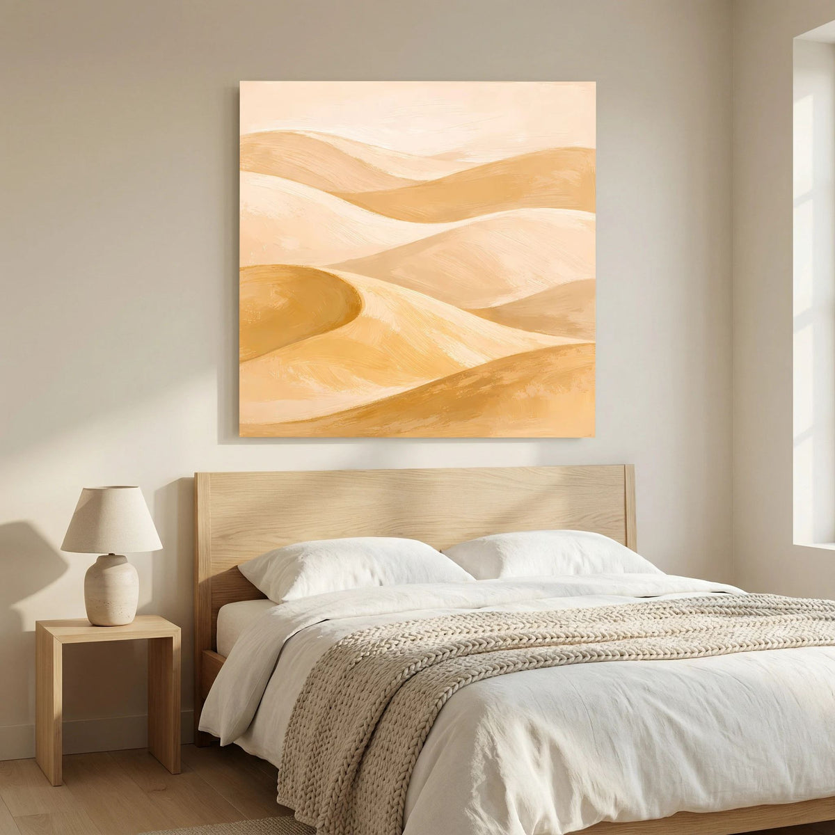 Quadratisches Leinwand-Wandbild: beige-goldene Sanddünen mit hellen Hazy-Flächen