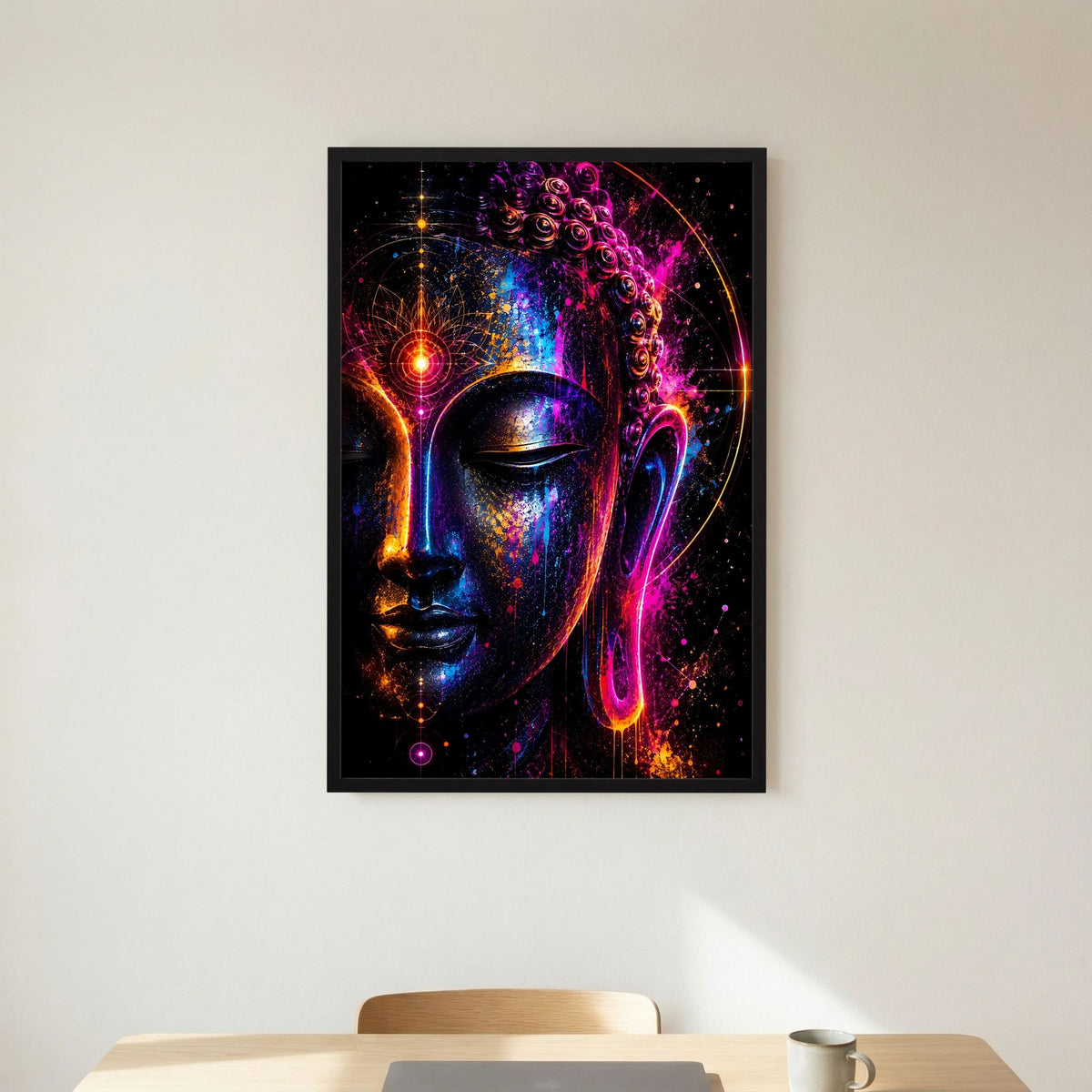 Hochformatiges Poster: abstraktes Buddha-Gesicht mit Neon-Effekten, schwarzer Rahmen
