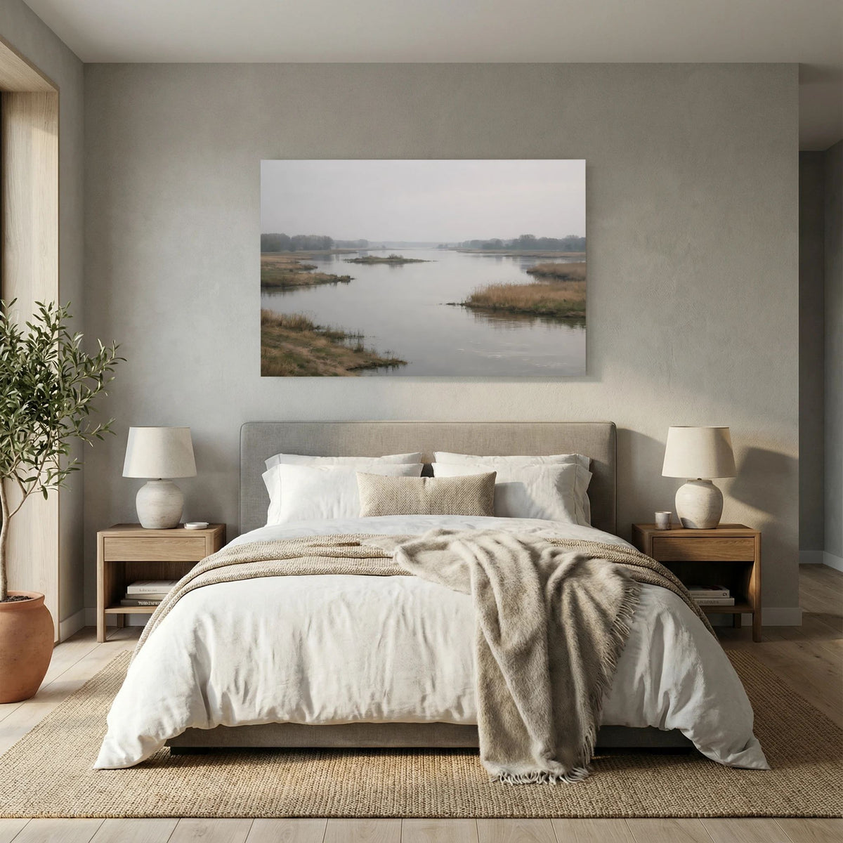 Wandbild im Querformat mit Flusslandschaft im Morgennebel über dem Bett