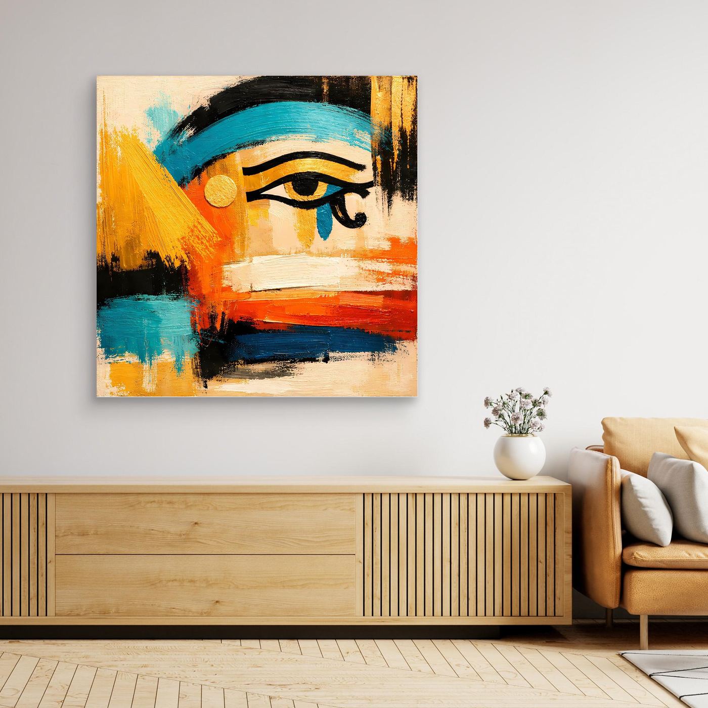 Framed abstract Eye of Horus canvas art, close-up with teal, orange, and black brushwork