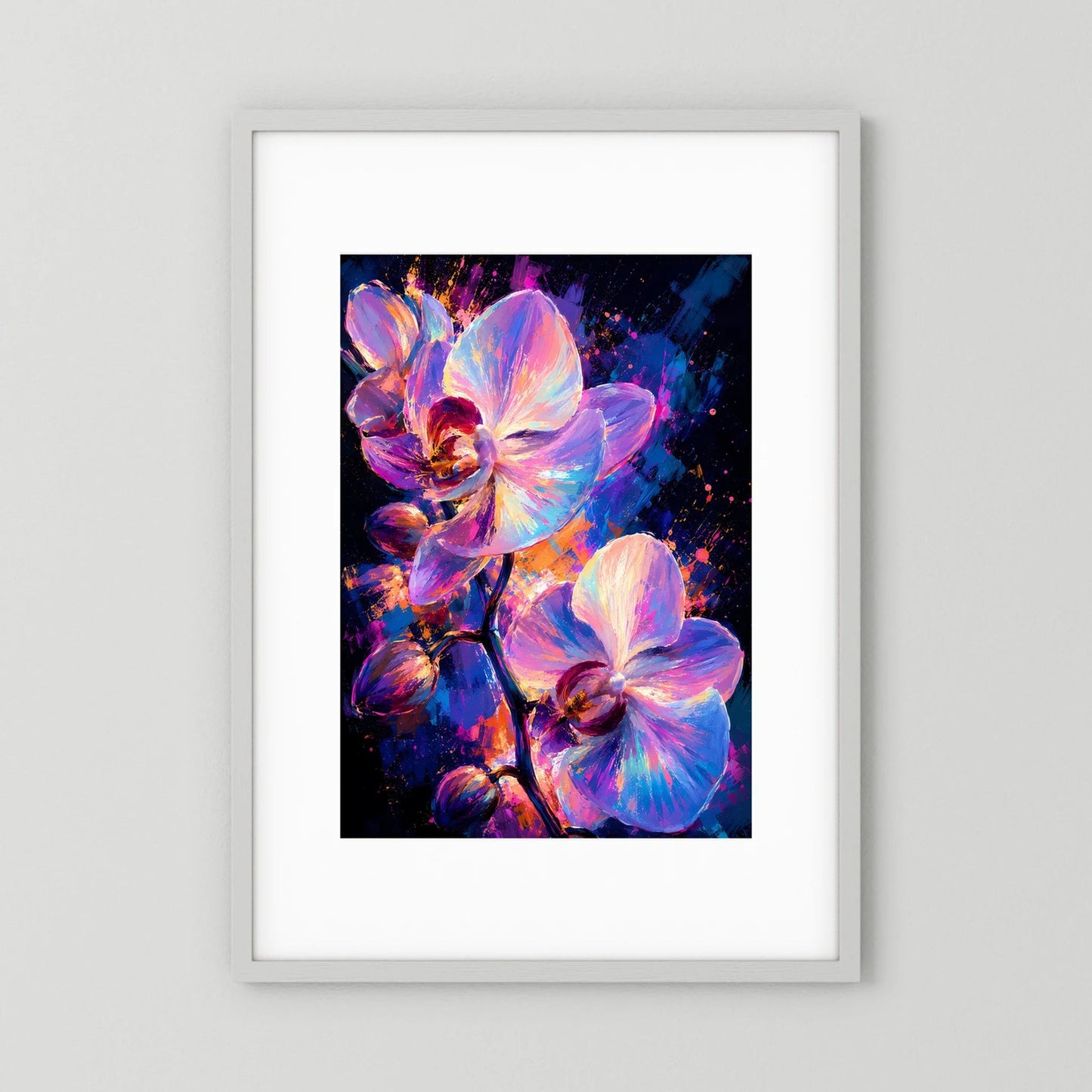Poster im Hochformat mit leuchtenden Orchideen in Pink, Violett und Blau, weiß gerahmt