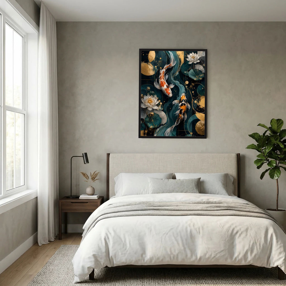 Poster im Hochformat mit Koi-Fischen und Lotusblüten in Petrol und Gold, schwarzer Rahmen
