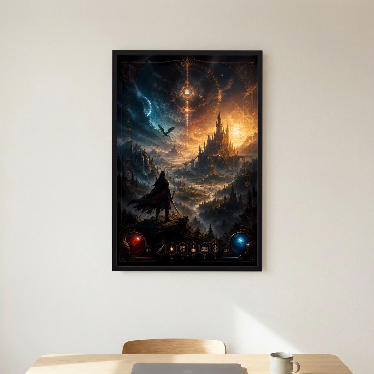 Magisches Burg-Kunstposter im Hochformat mit Krieger im Vordergrund und Drachenflügel, schwarz gerahmt