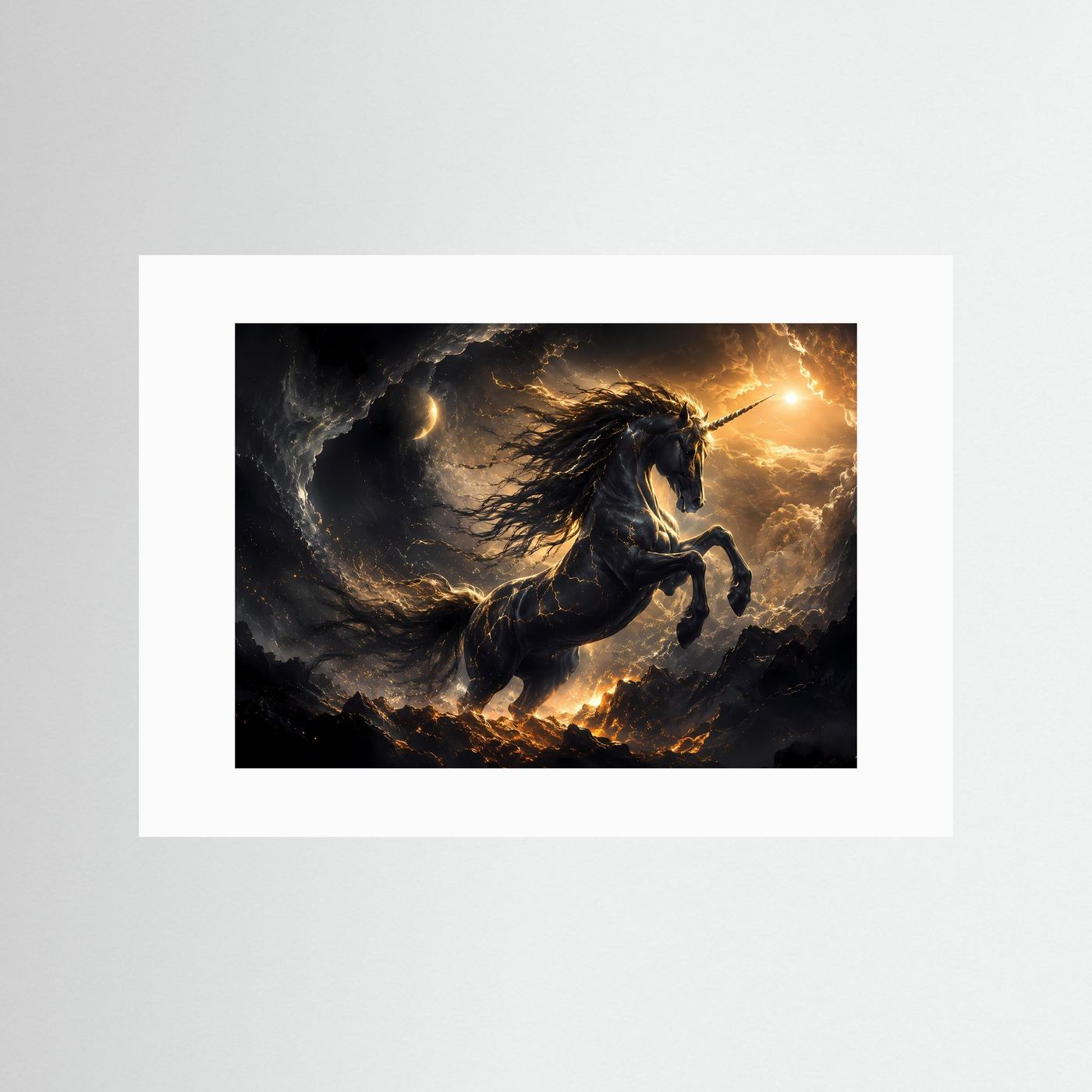 Einhorn Poster | Mystische Fantasy Wandkunst | Schwarzes Einhorn mit Gold | Magische Himmel Landschaft | Leinwandbild Modern
