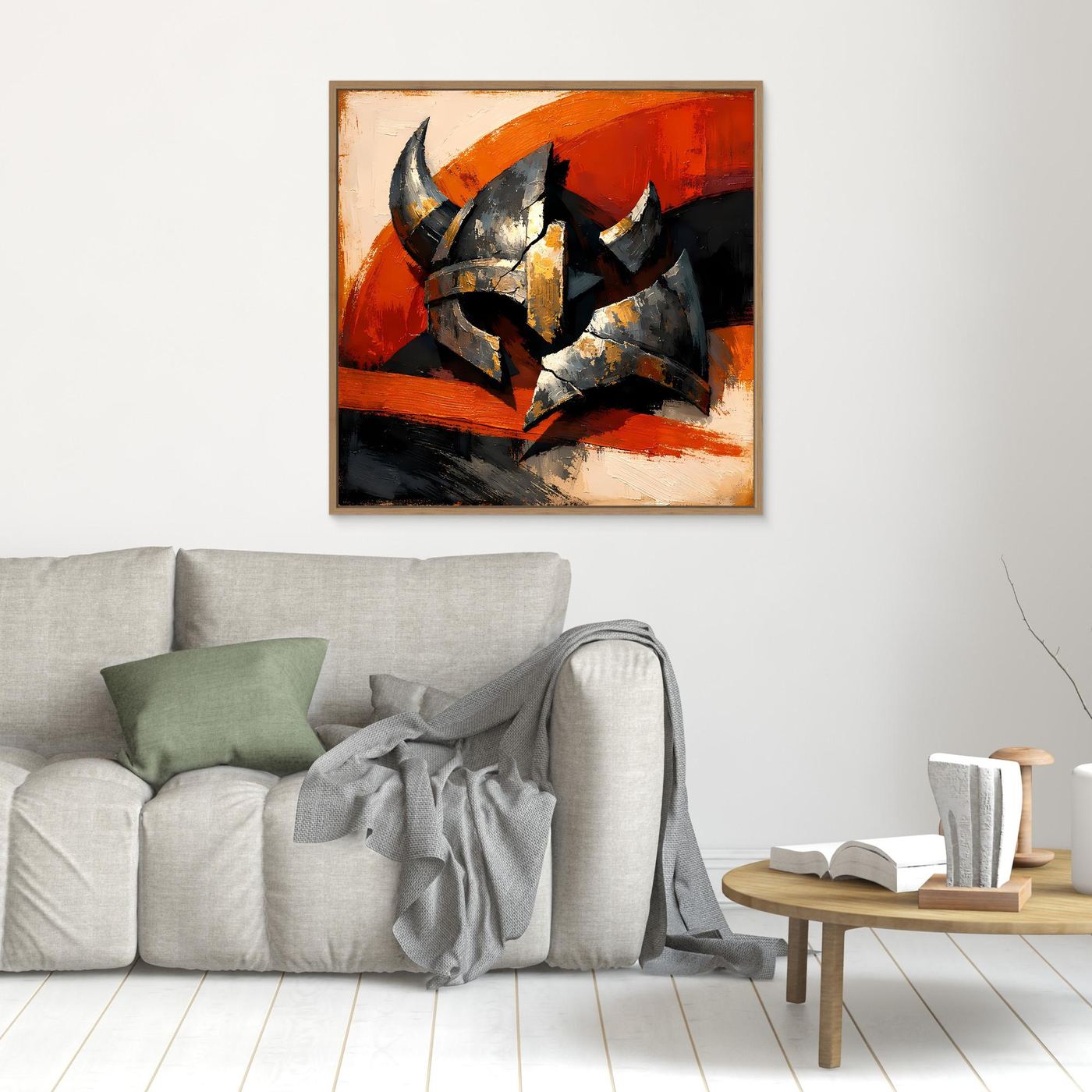 Wandbild Leinwand mit Wikingerhelm, abstraktes Gemälde in Grau, Schwarz und Orange, Holzrahmen