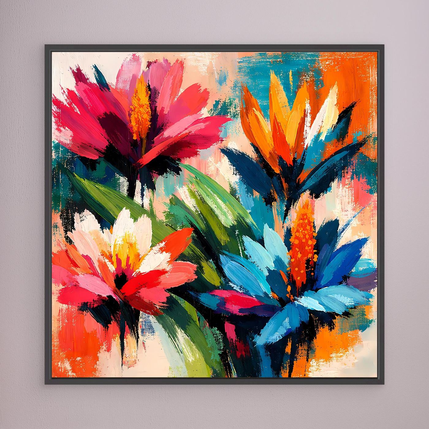 Canvas abstract tropical flower wall art with dark frame, orange blue pink flowers