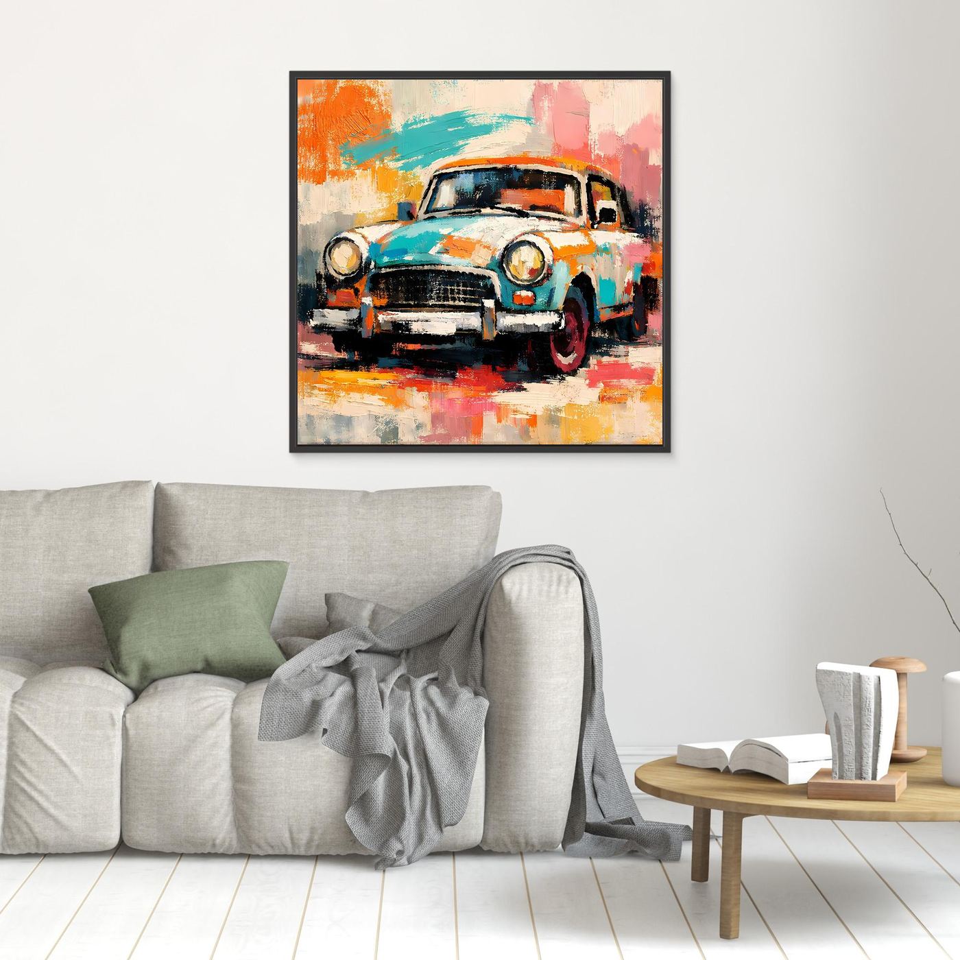 Framed abstract vintage car wall art with turquoise, orange, and pink brushstrokes