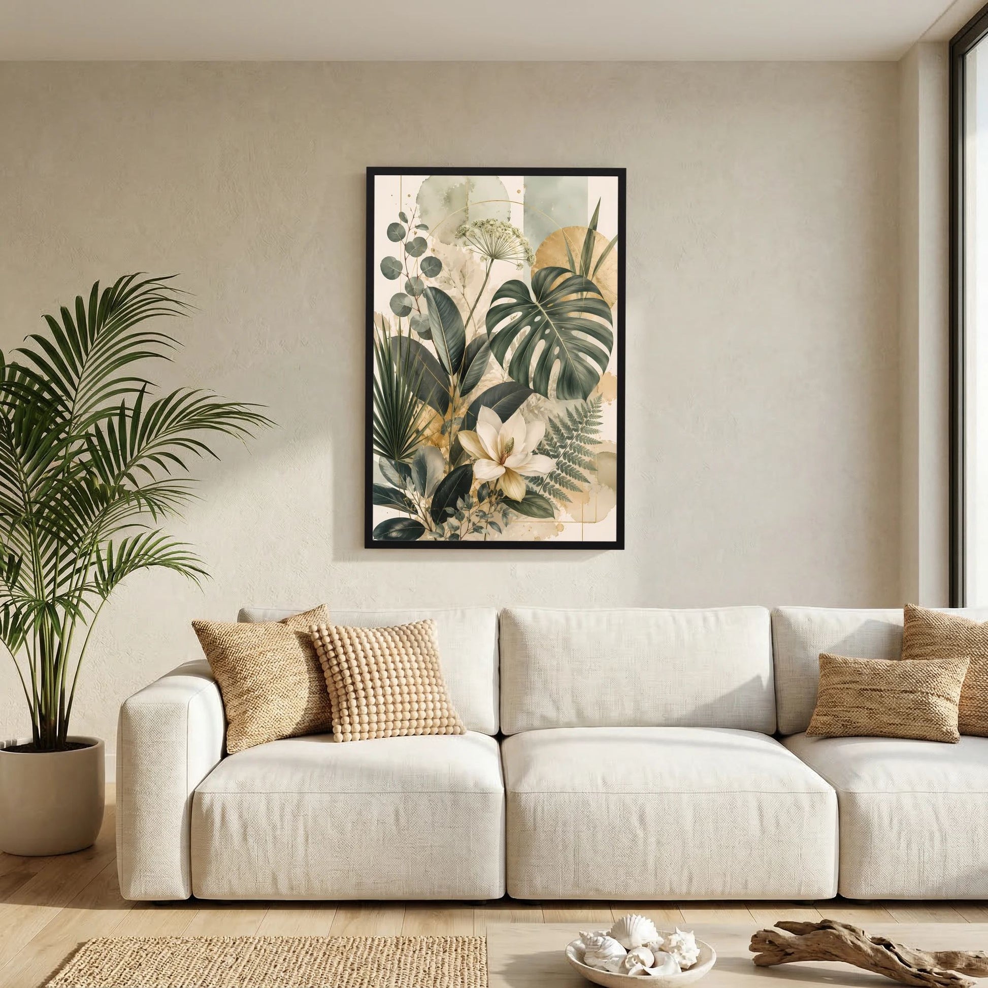 Hochformatiges Pflanzenposter mit grünen Blättern und Magnolie, schwarzer Rahmen an der Wand