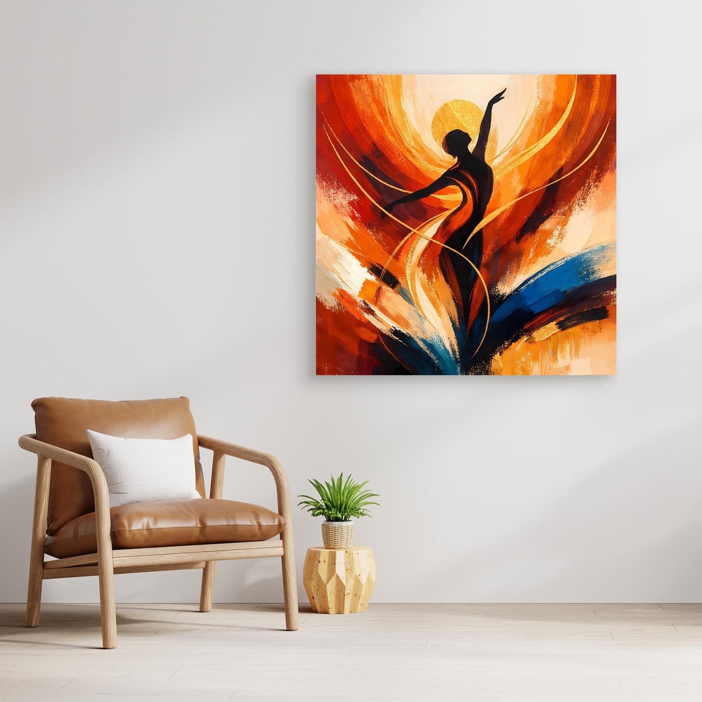 Leinwandbild abstrakte Tänzerin als schwarze Silhouette, Orange/Blau, mit braunem Rahmen