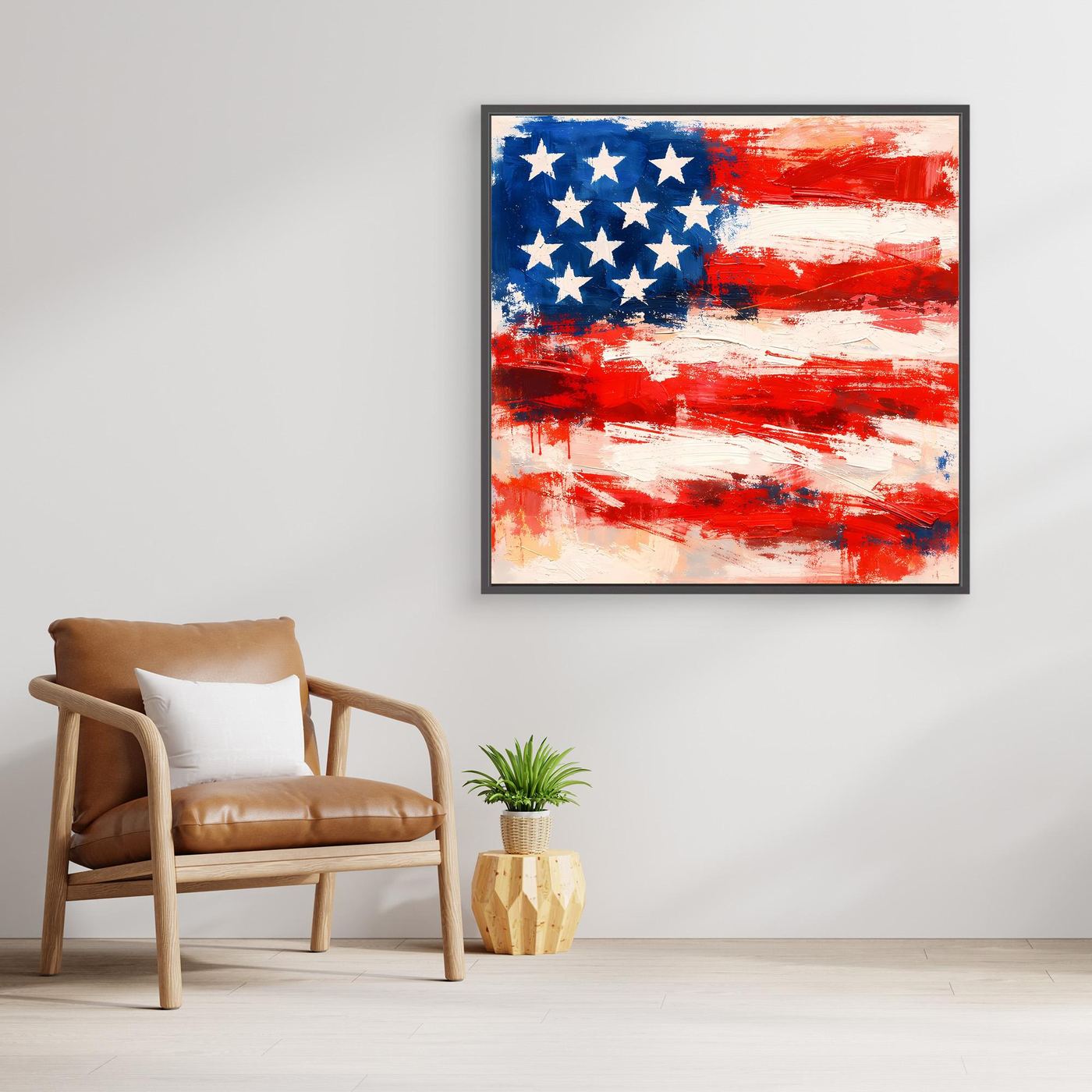 USA flag abstract canvas wall art with black frame; blue stars and red brush strokes