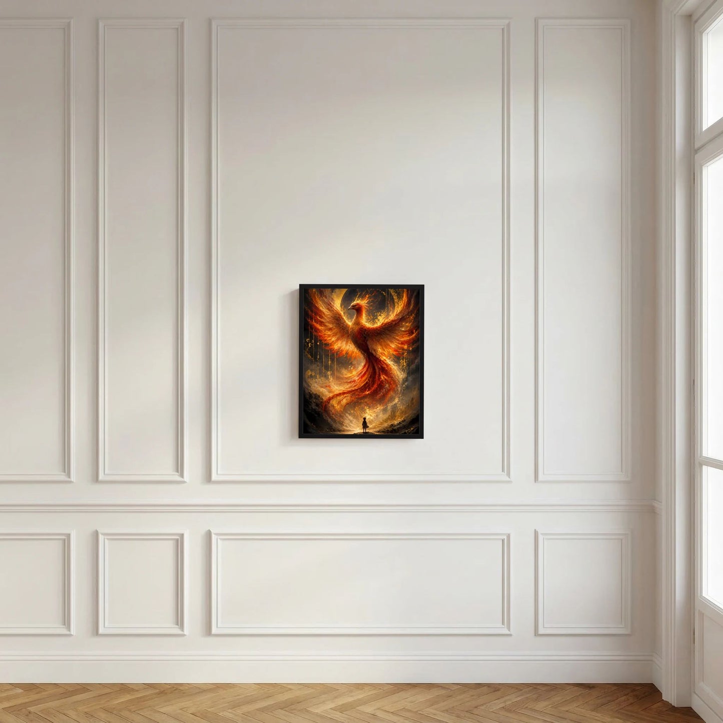 Gerahmtes Poster im Hochformat mit Phönix aus Feuer in Gold und Orange, Flammenbild