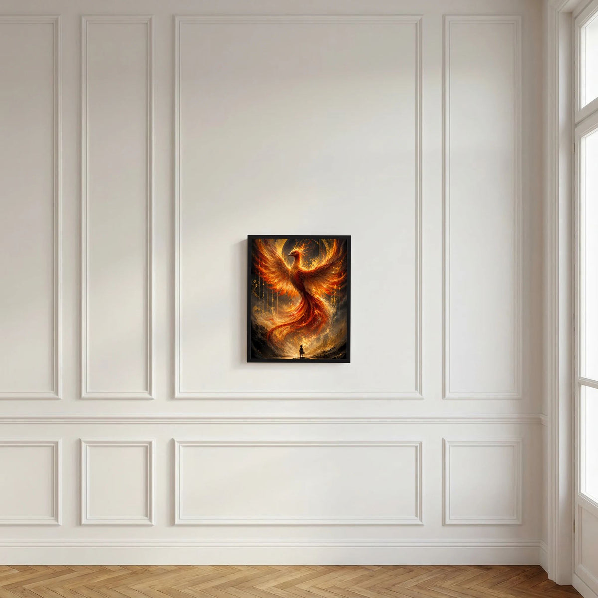 Gerahmtes Poster im Hochformat mit Phönix aus Feuer in Gold und Orange, Flammenbild
