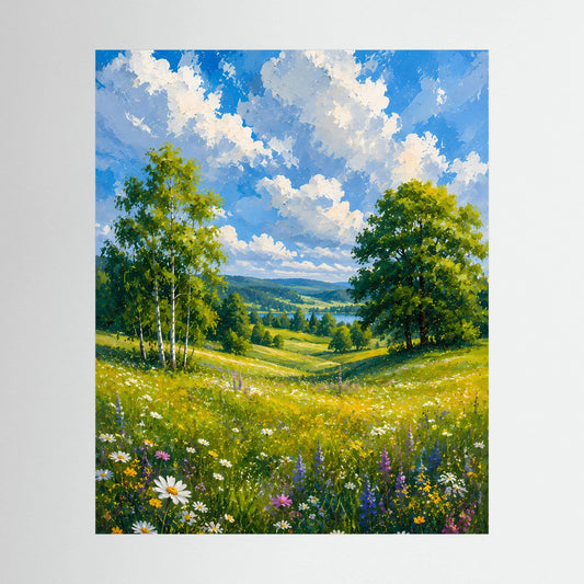 Dunkel gerahmtes Kunstposter mit Weitblick über blühende Wiesen, Bäume und blauem Wolkenhimmel