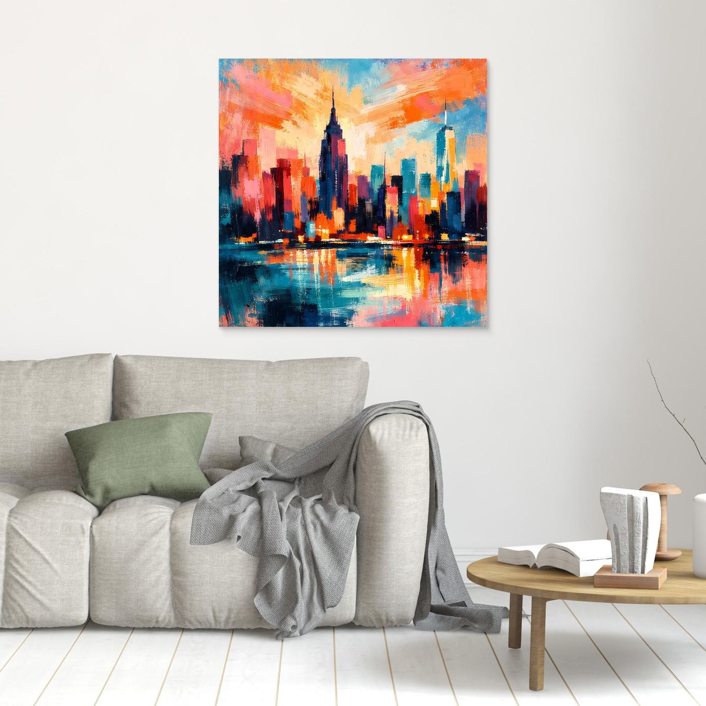 Abstraktes Leinwandbild mit Skyline und Spiegelung im Wasser in Orange- und Blautönen