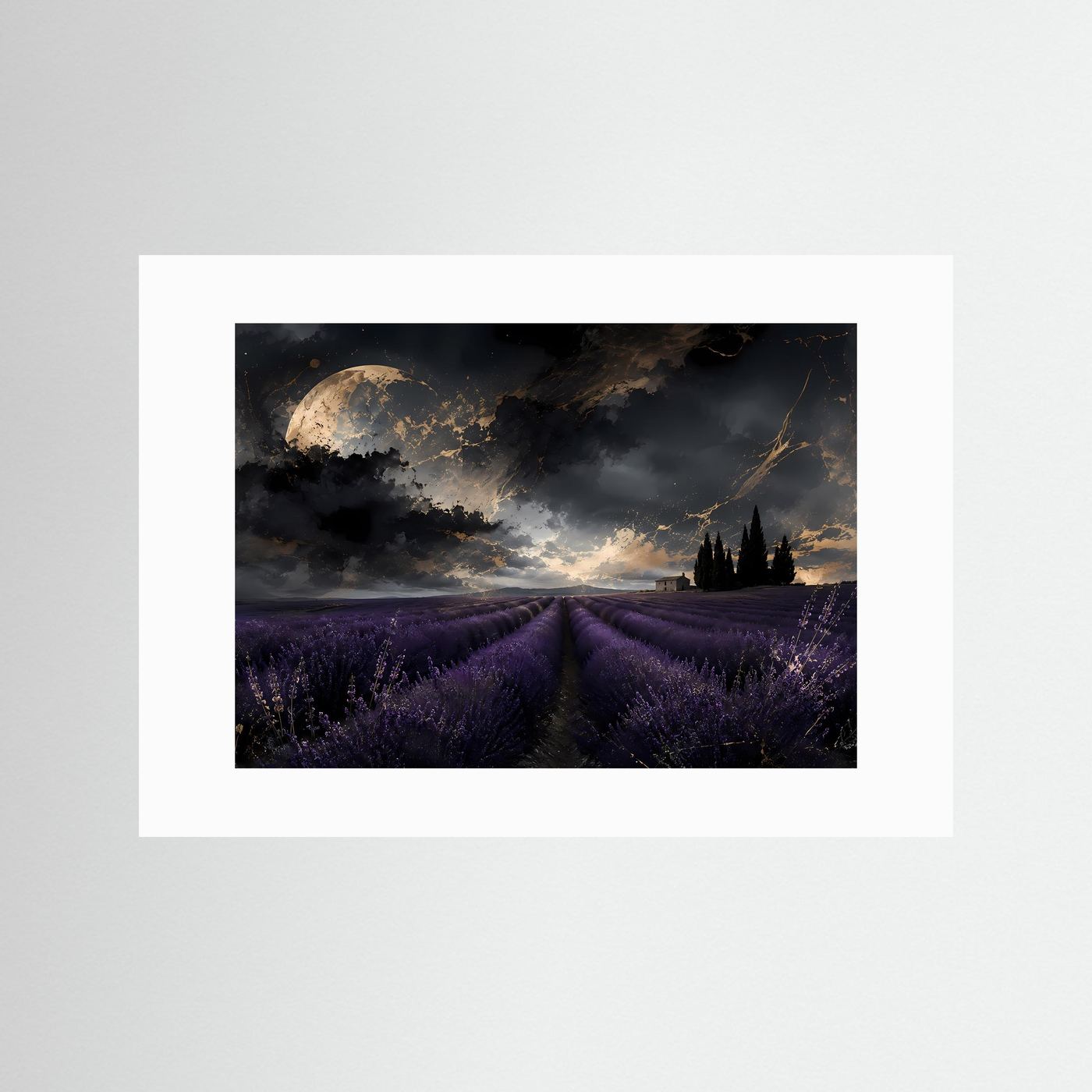 Nächtliches Lavendelfeld in der Provence | Mystisches Poster mit Mond & Gold | Wandbild Querformat