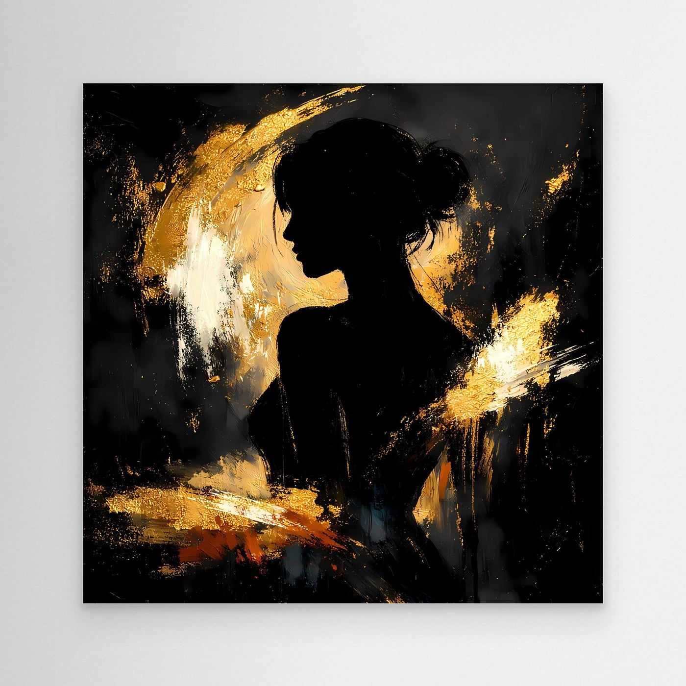 Leinwand Elegante Silhouette in Gold und Schwarz | Modernes Abstraktes Frauen Portrait Wandbild