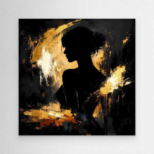 Wandbild: Frauensilhouette auf schwarzem Grund mit goldenen Farbspuren, dunkler Rahmen