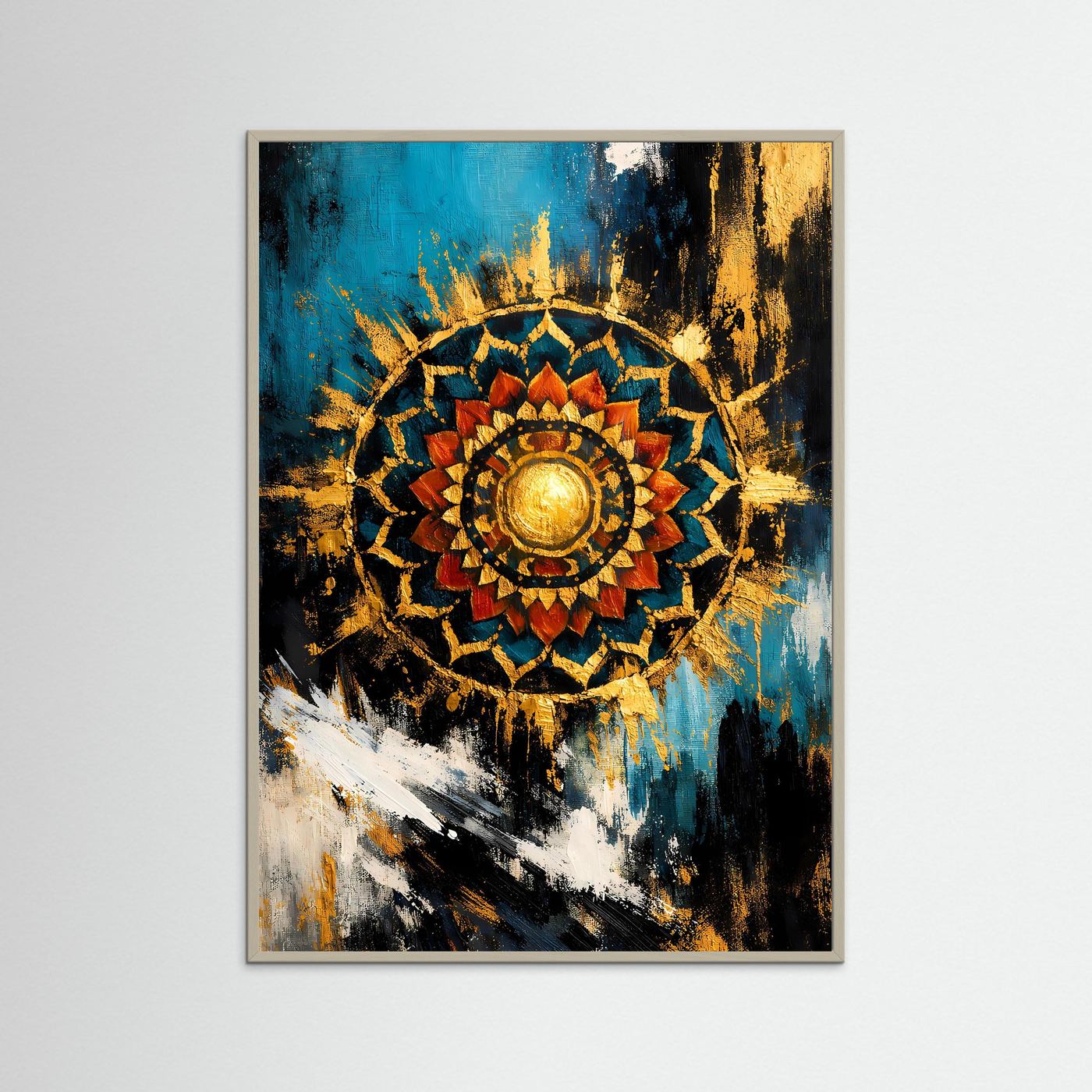 Abstraktes Mandala-Wandbild mit goldener Sonne, türkis-blau und dunkel, im grauen Holzrahmen