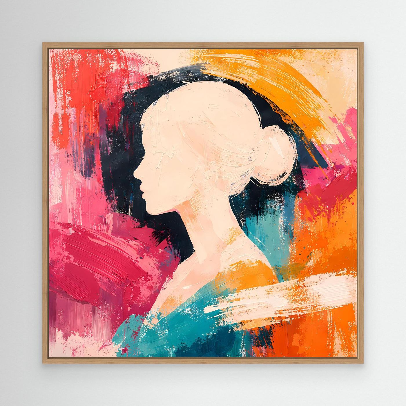 Abstract women portrait canvas with colorful silhouette and hat-shaped hair, oak wood frame