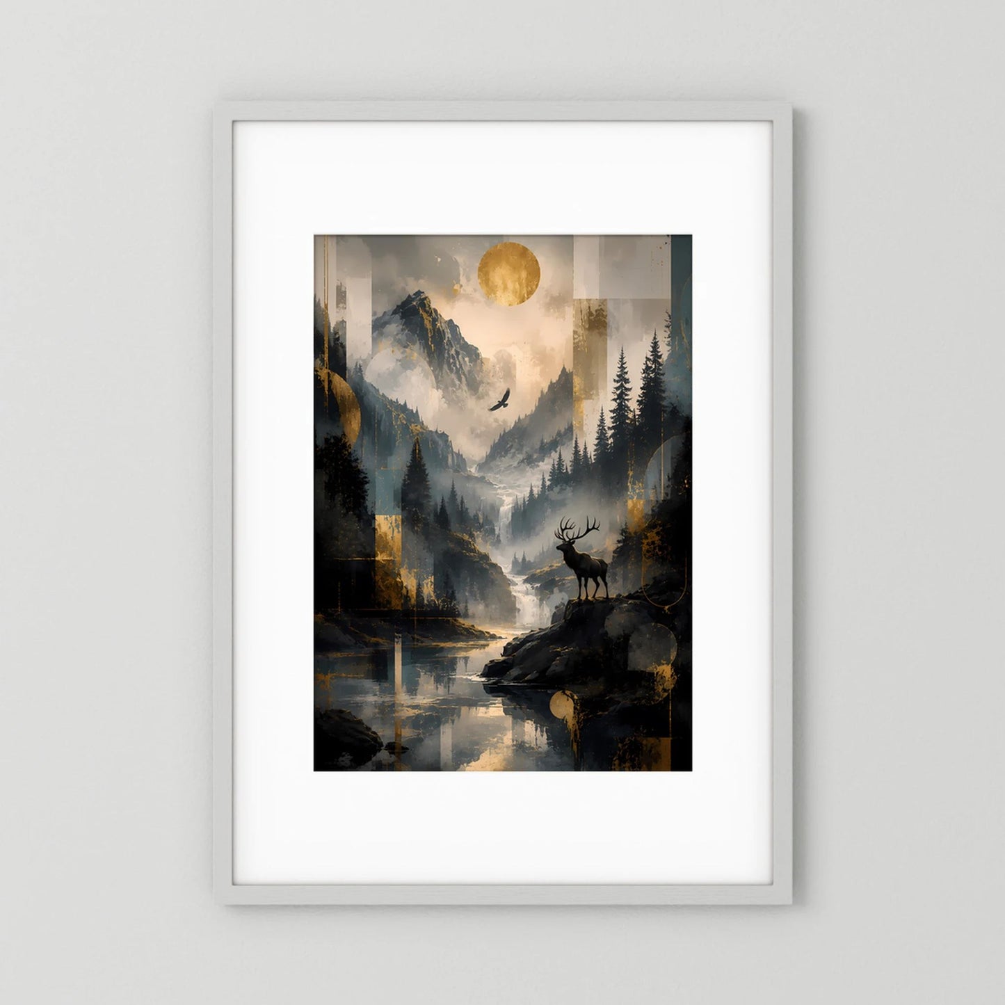 Hochformat-Poster mit Berglandschaft, Hirsch und goldener Sonne im Dämmerlicht