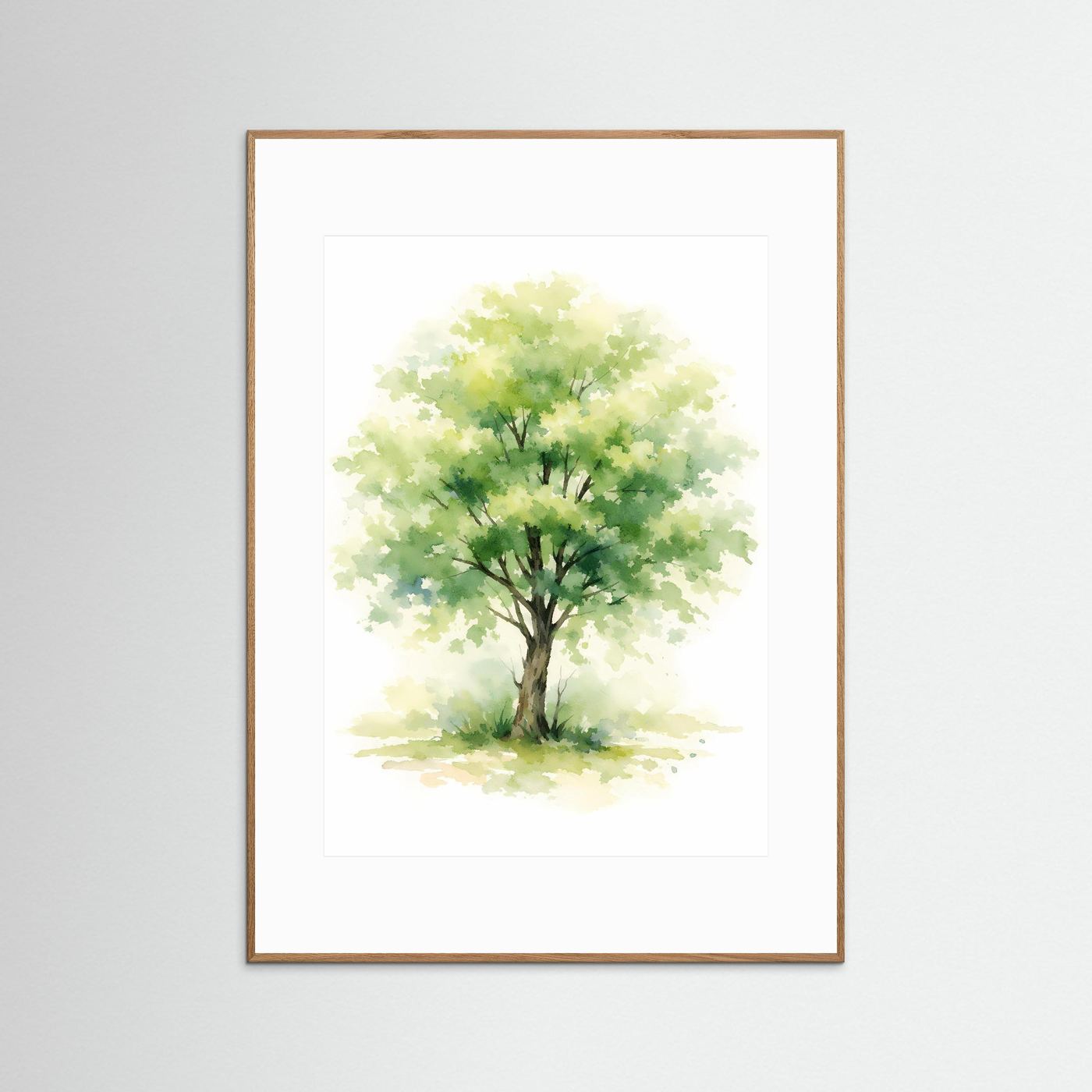 Aquarell-Poster mit Lebensbaum, grüner Baum in Wasserfarben, naturfarbener Holzrahmen