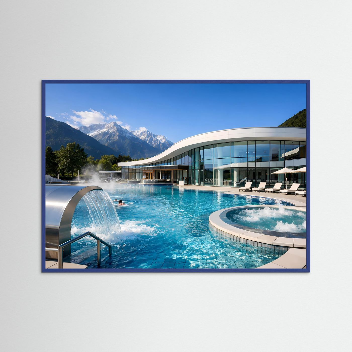 Gerahmtes Poster (schwarzer Rahmen) mit beheiztem Pool und Gebirge, Querformat