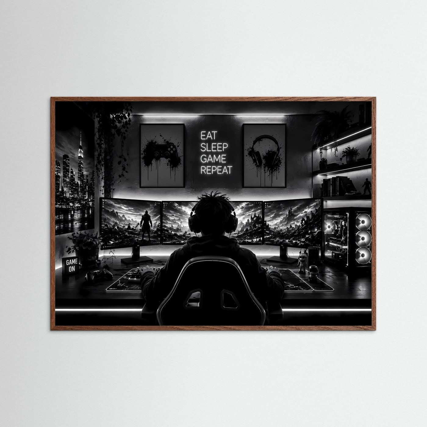 Gaming Poster Schwarz Weiß | Gamer Setup Wandbild | Gaming Room Deko | PC Gaming Kunst | Monochromer Fine Art Print