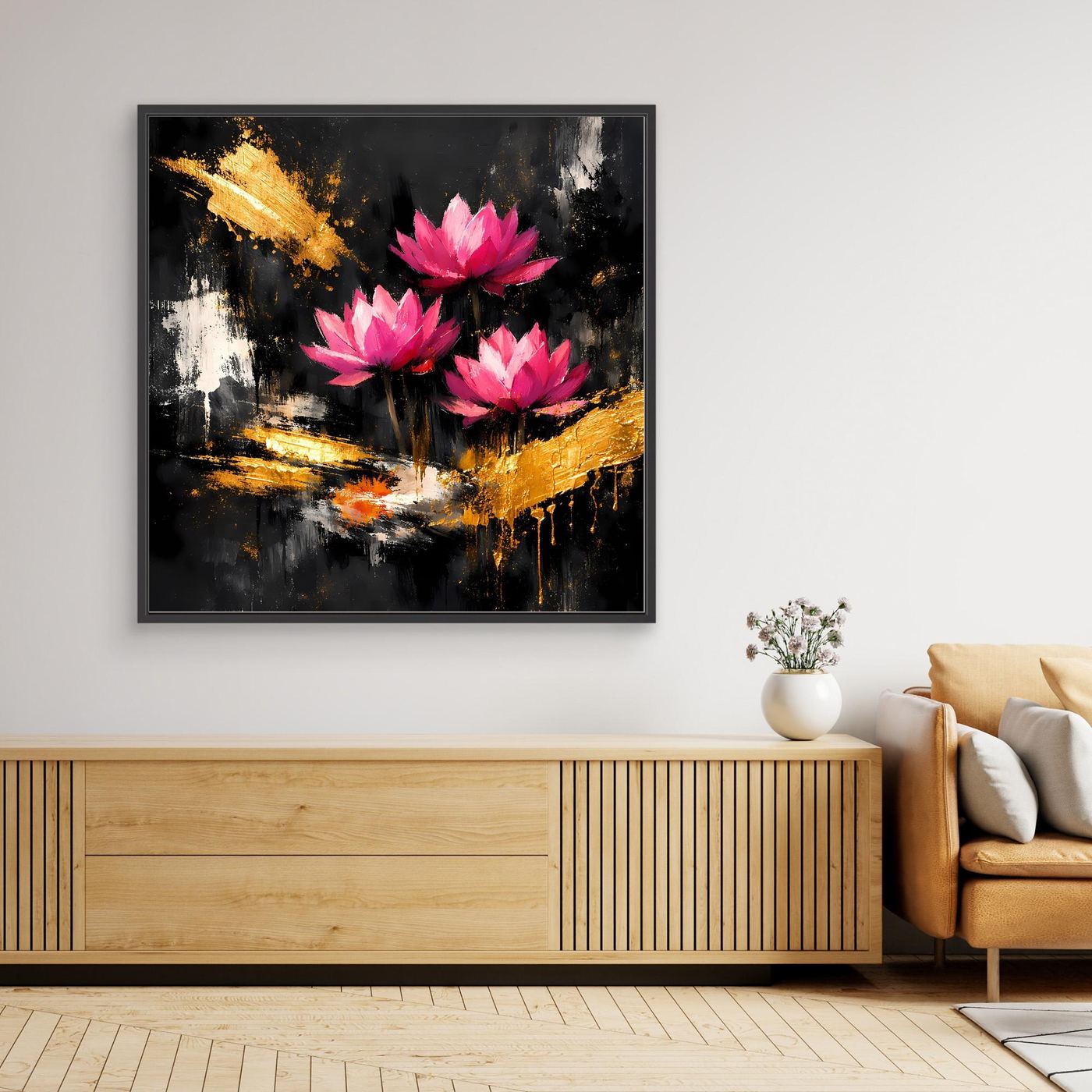 Leinwand Prachtvolle Lotusblüten in Pink und Gold | Modernes Abstraktes Blumen Wandbild