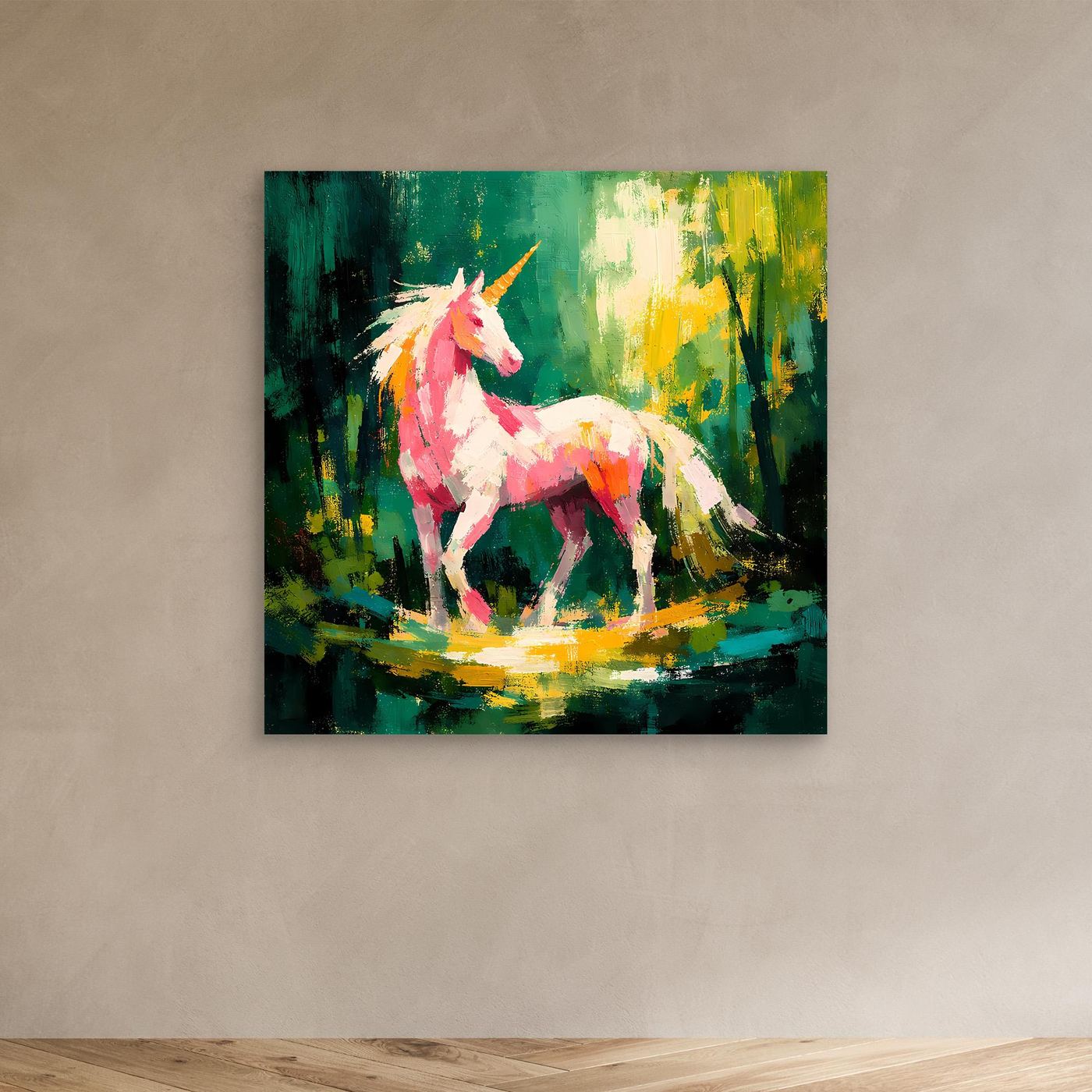 Leinwand Anmutiges Einhorn im Zauberwald | Abstraktes Fantasy & Natur Wandbild