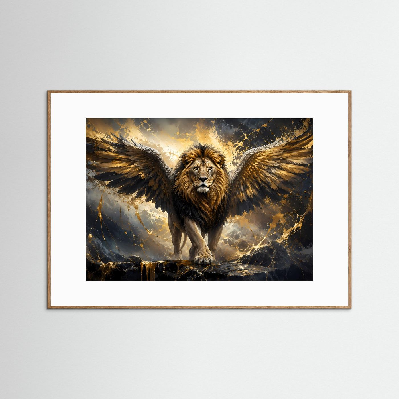 Geflügelter Löwe in Schwarz & Gold | Majestätische Fantasy Löwen Kunst