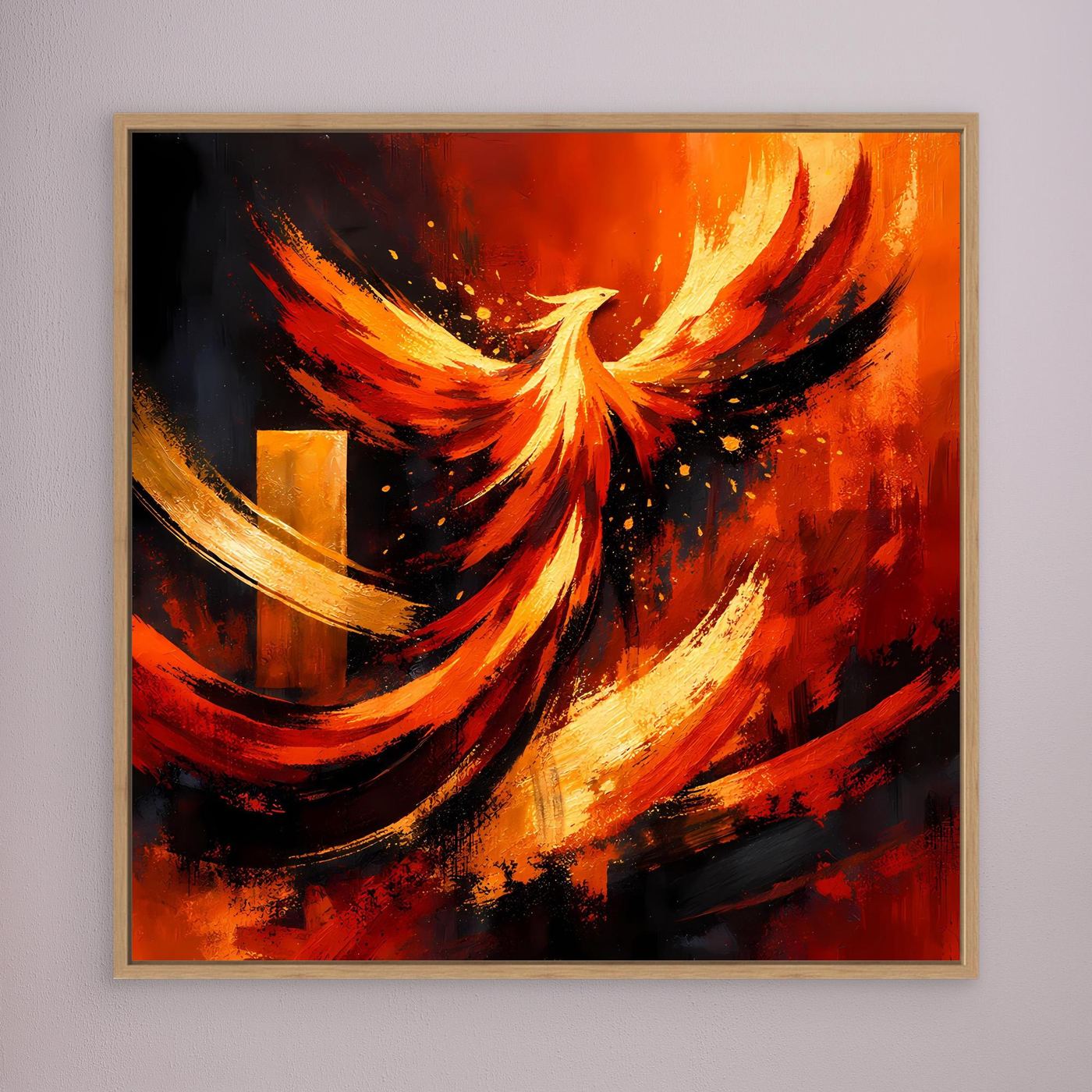 Wandbild mit Leinwandmotiv „Phönix aus der Asche“ in Rot, Gelb und Schwarz, mit Holzrahmen