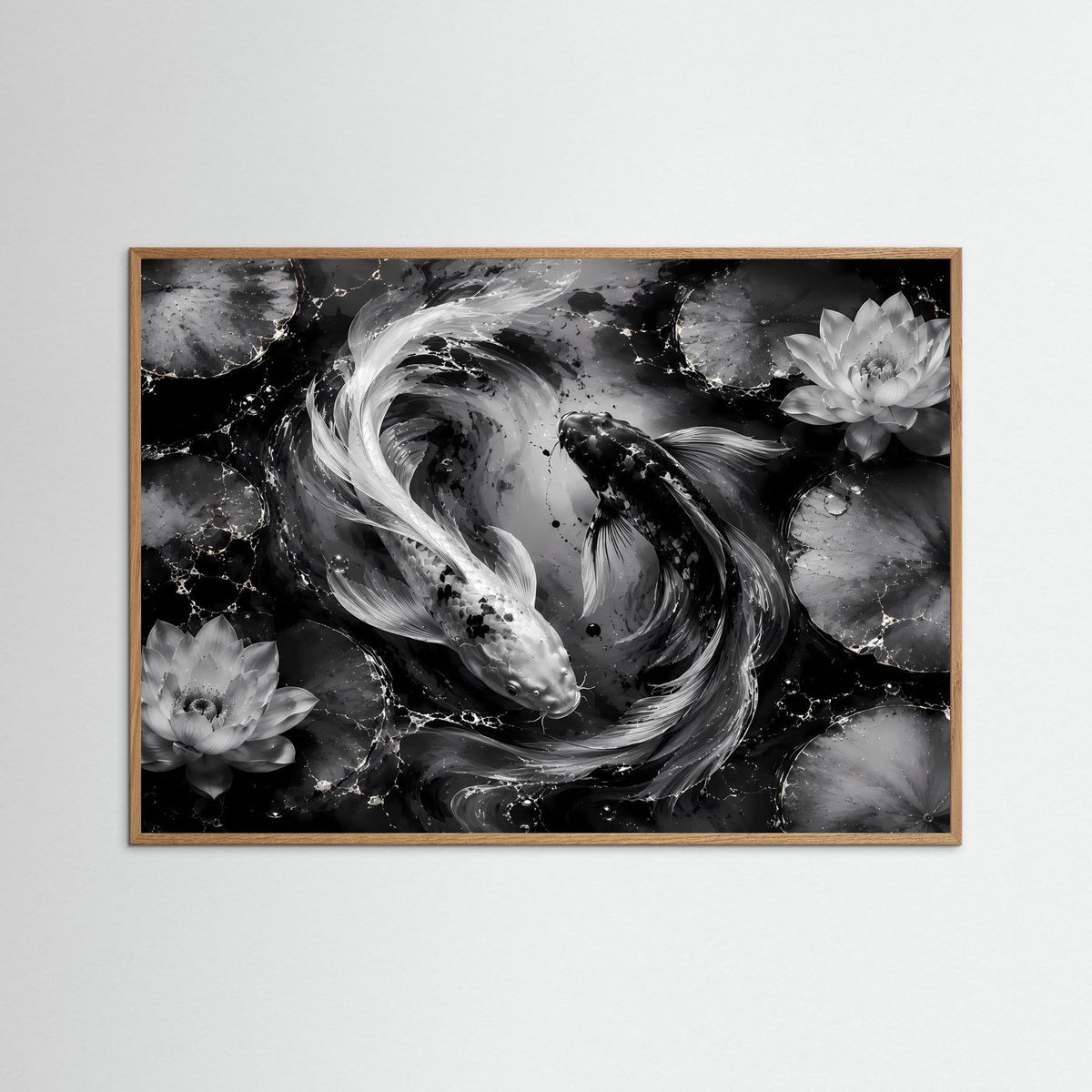 Gerahmtes Wandbild in Holzoptik: Schwarzweiß-Koi-Fische mit Lotusblüten